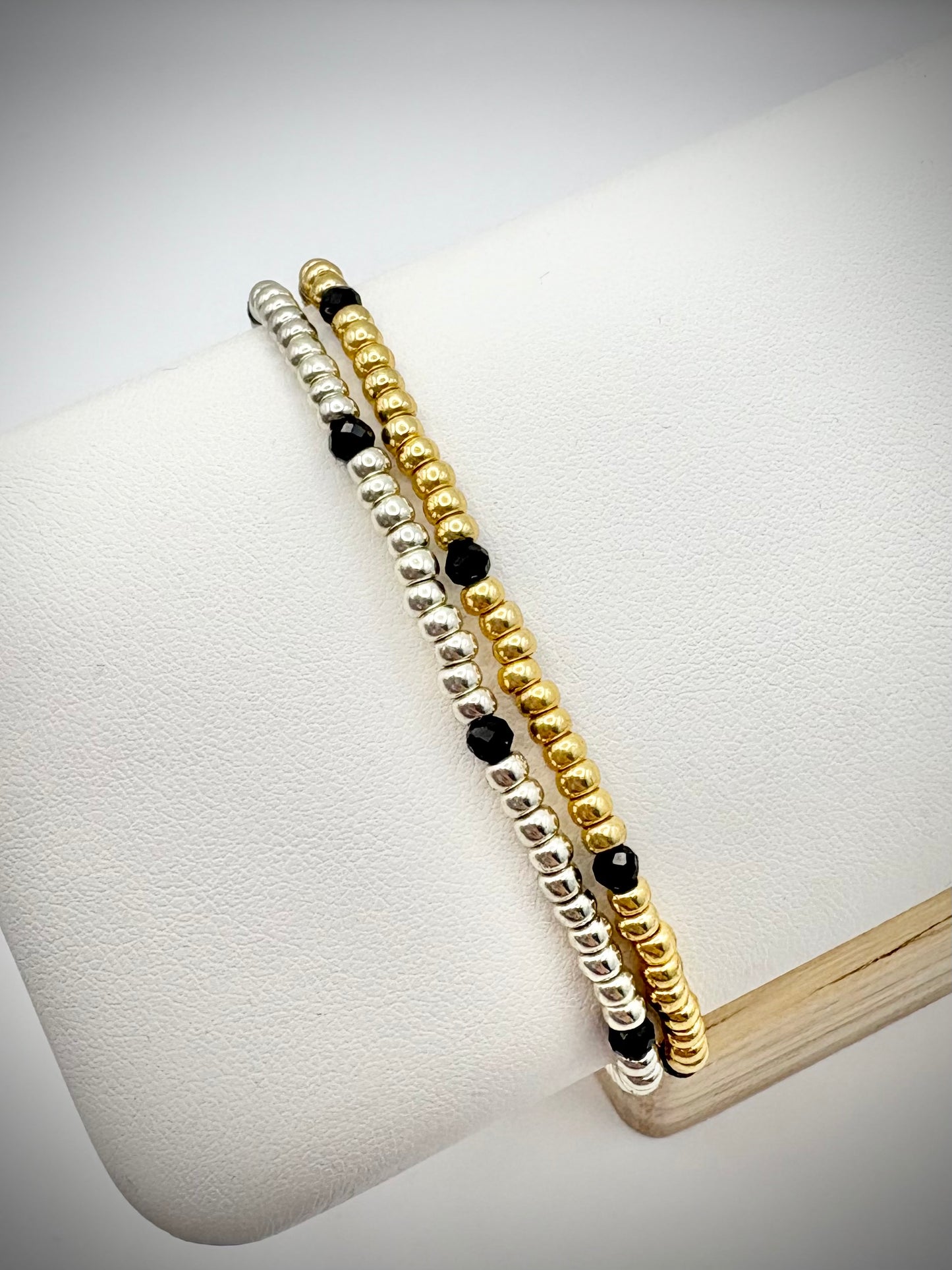 Seed Bead and Black Tourmaline Gemstone Bracelet - Gold or Silver
