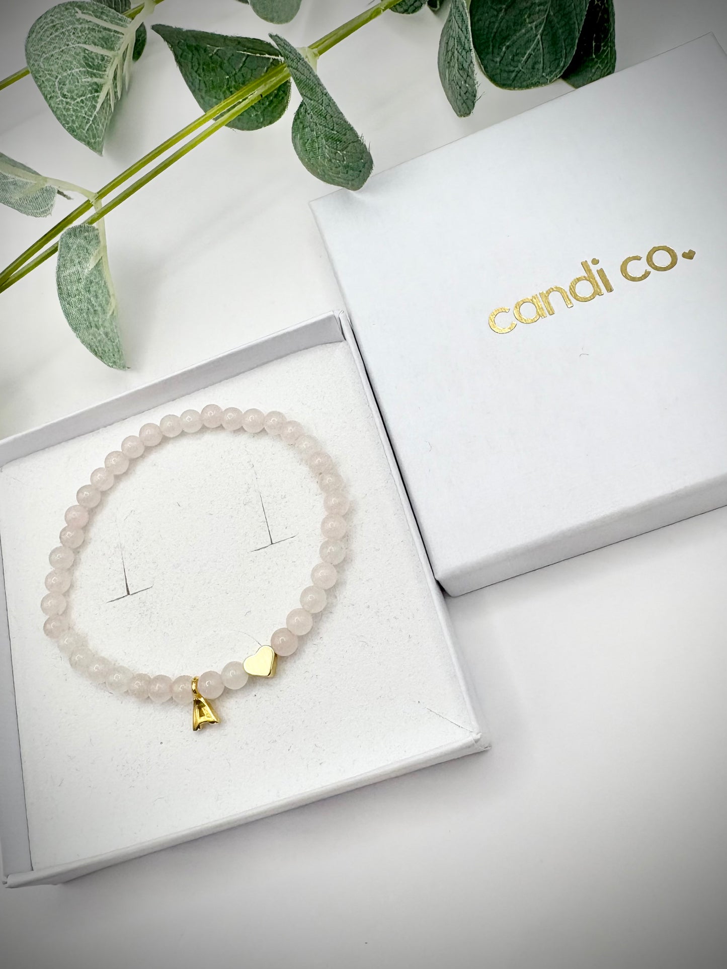 Handmade Rose Quartz Gemstone Bracelet with Initial and Heart Charm - Gold or Silver-Plated