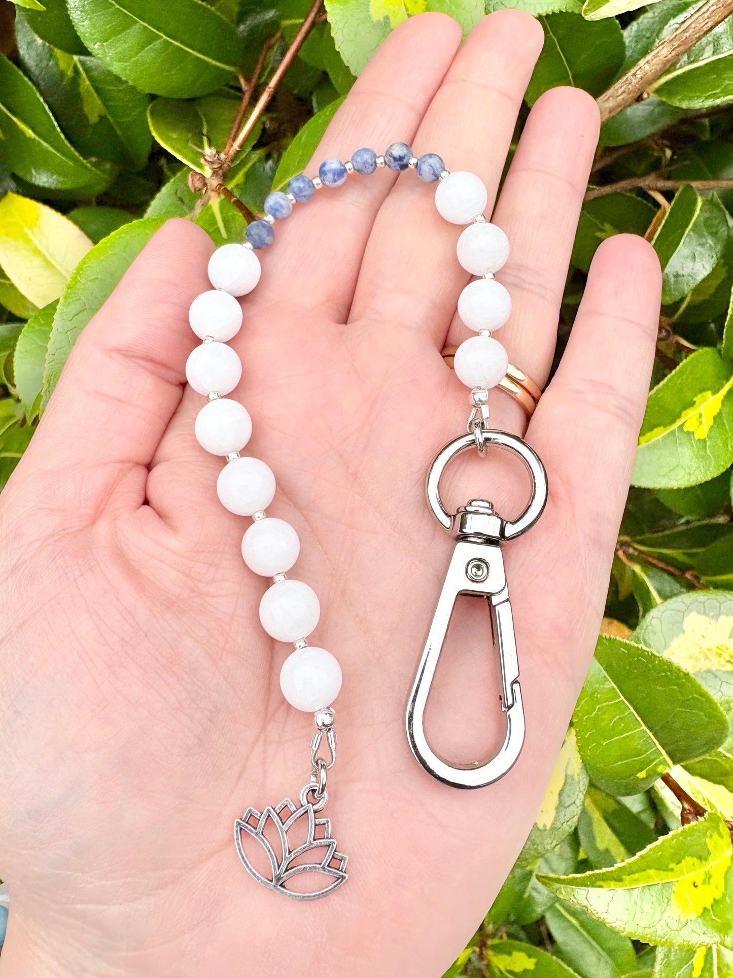 Breathing Beads Keyring - White Malaysian Jade with Blue Spot Jasper