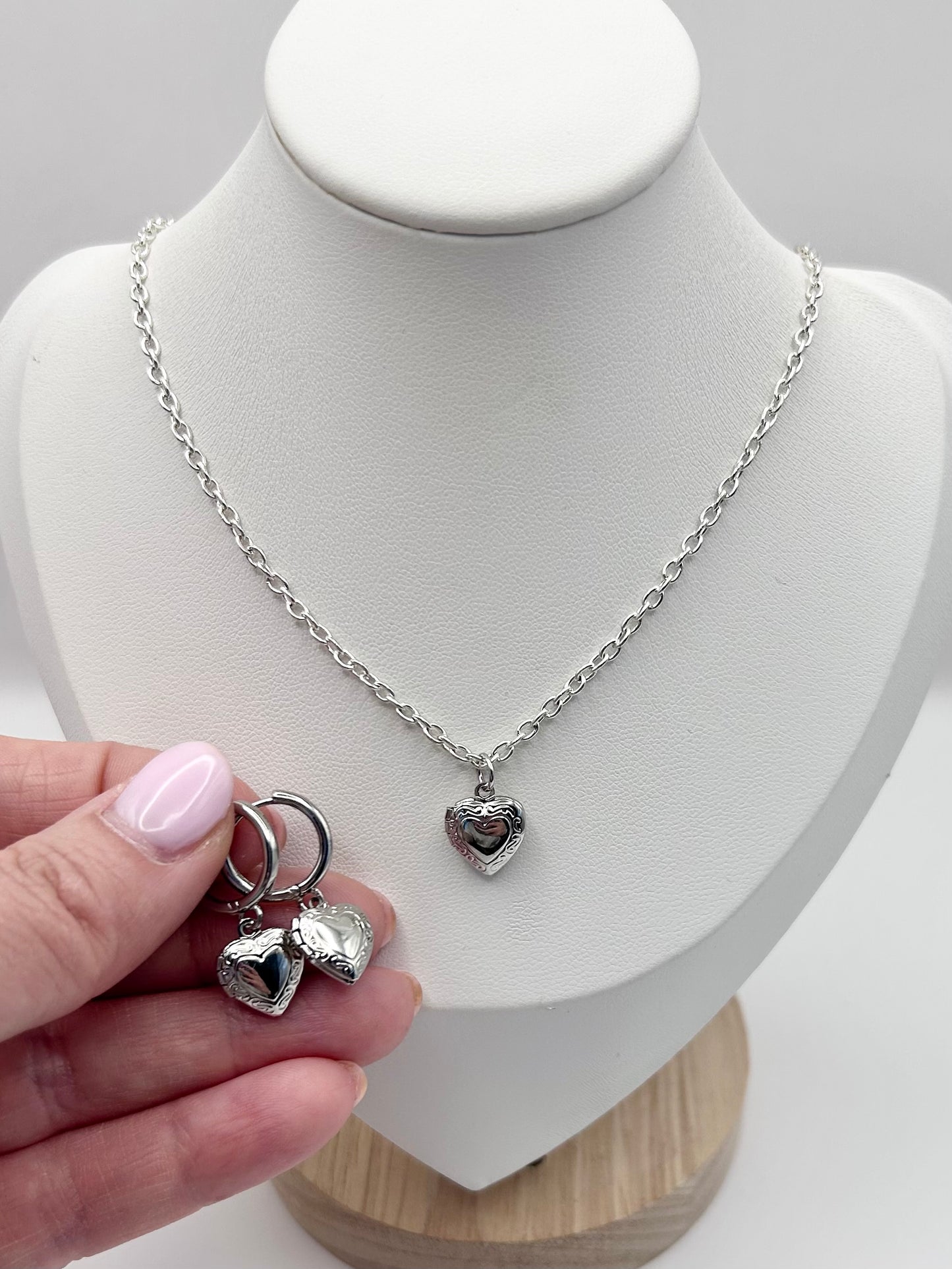 Silver vintage style heart locket bracelet and earrings set - SALE