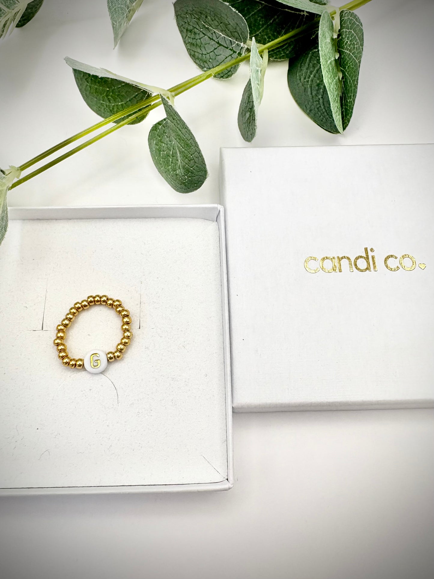 Seed Beaded Stretch Ring with Initial - Gold or Silver