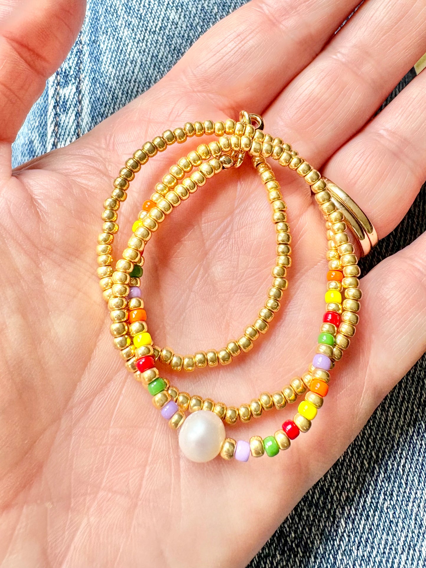 Colourful Seed Bead & Freshwater Pearl Necklace - Gold