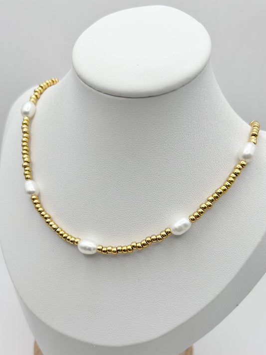 Seed Bead Freshwater Pearl Necklace Gold or Silver-Plated