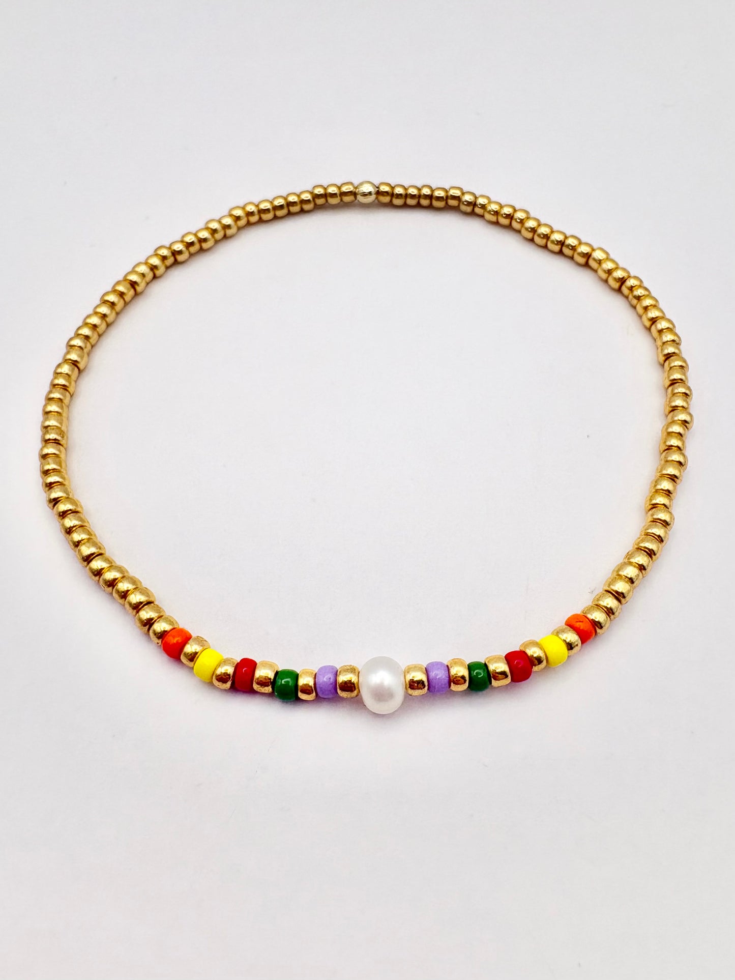 Colourful Seed Bead & Freshwater Pearl Anklet - Gold
