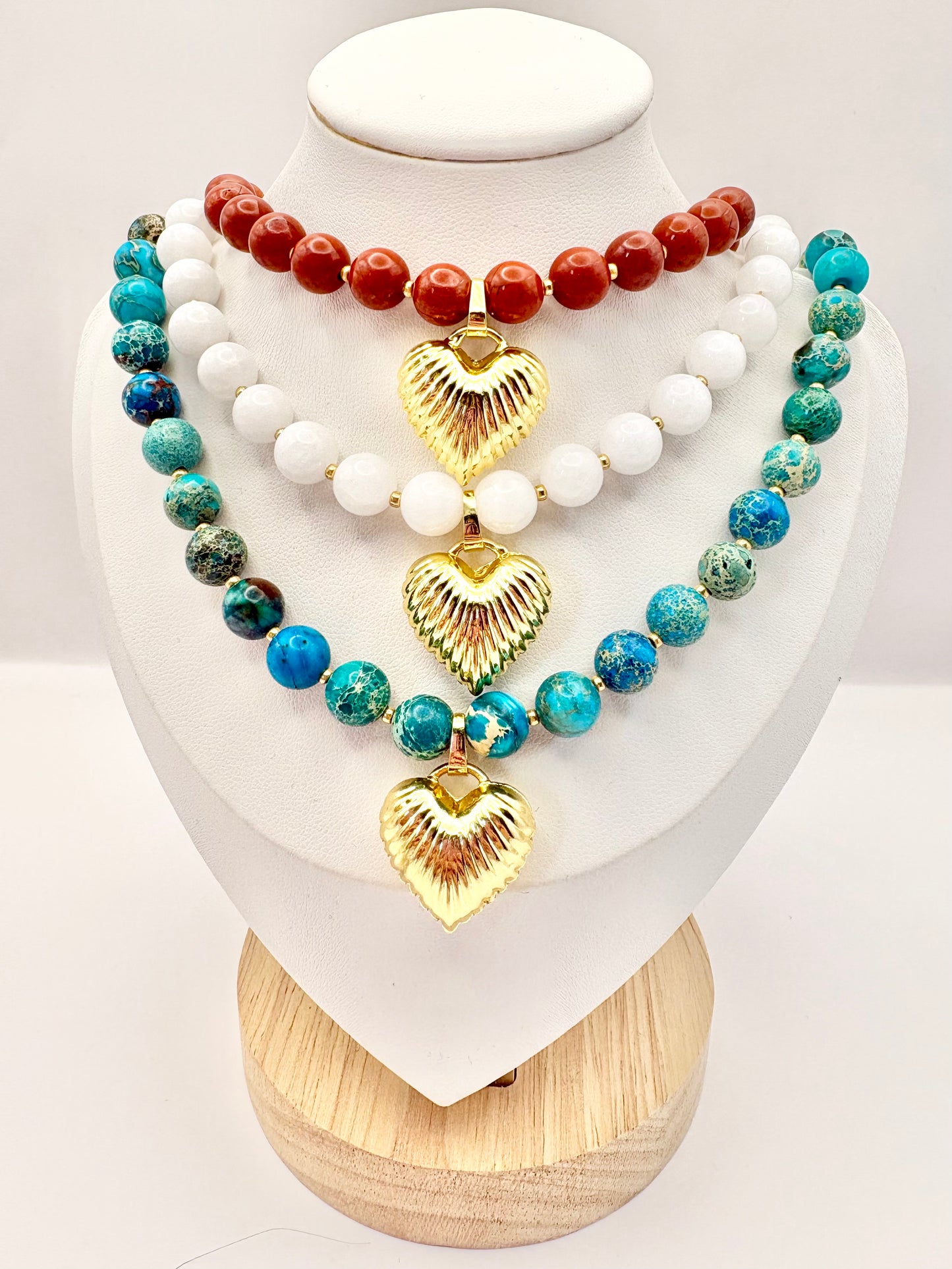 Red Gemstone and Puffy Heart Pendant Necklace