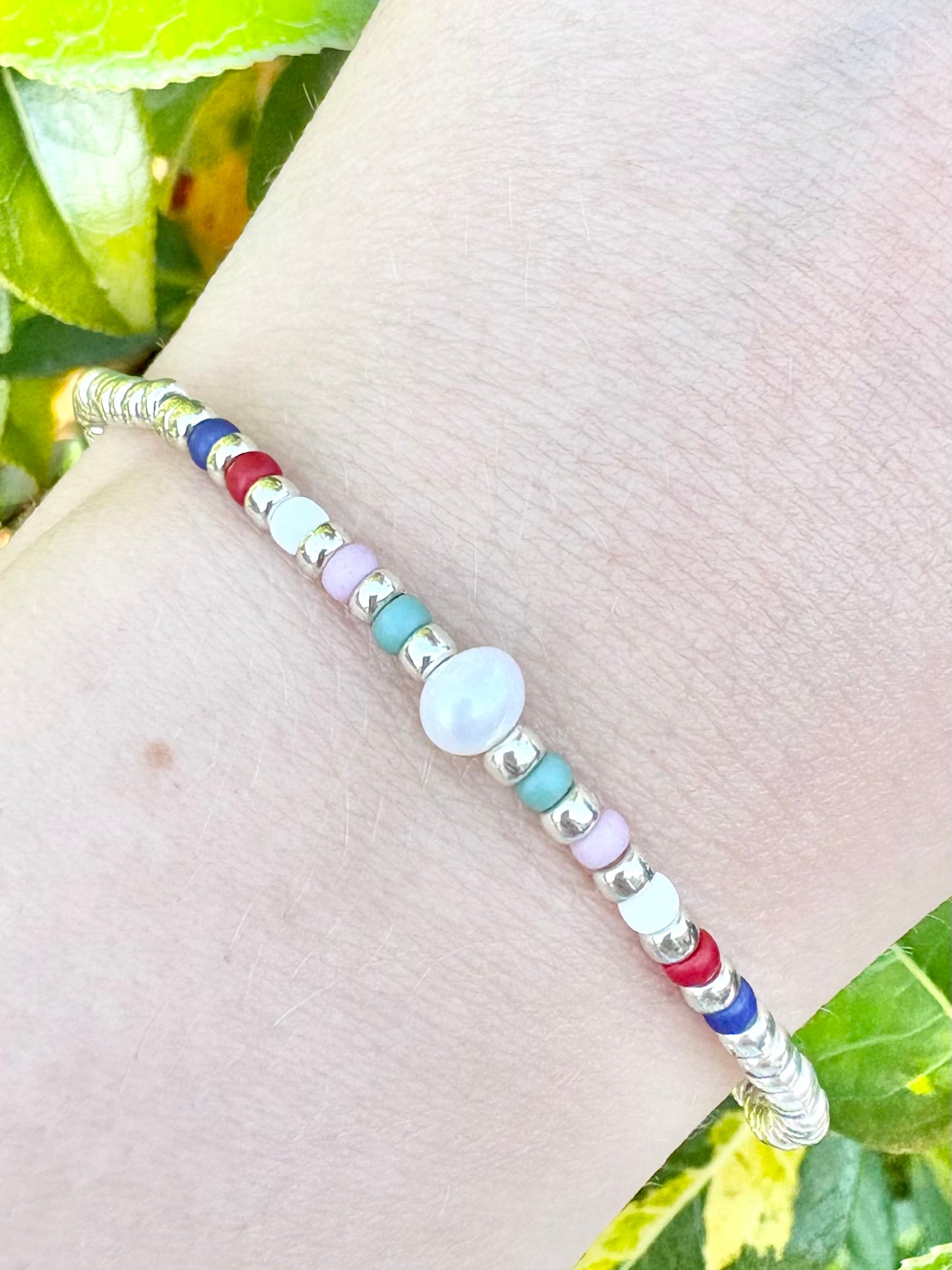 Colourful Seed Bead & Freshwater Pearl Bracelet - Silver