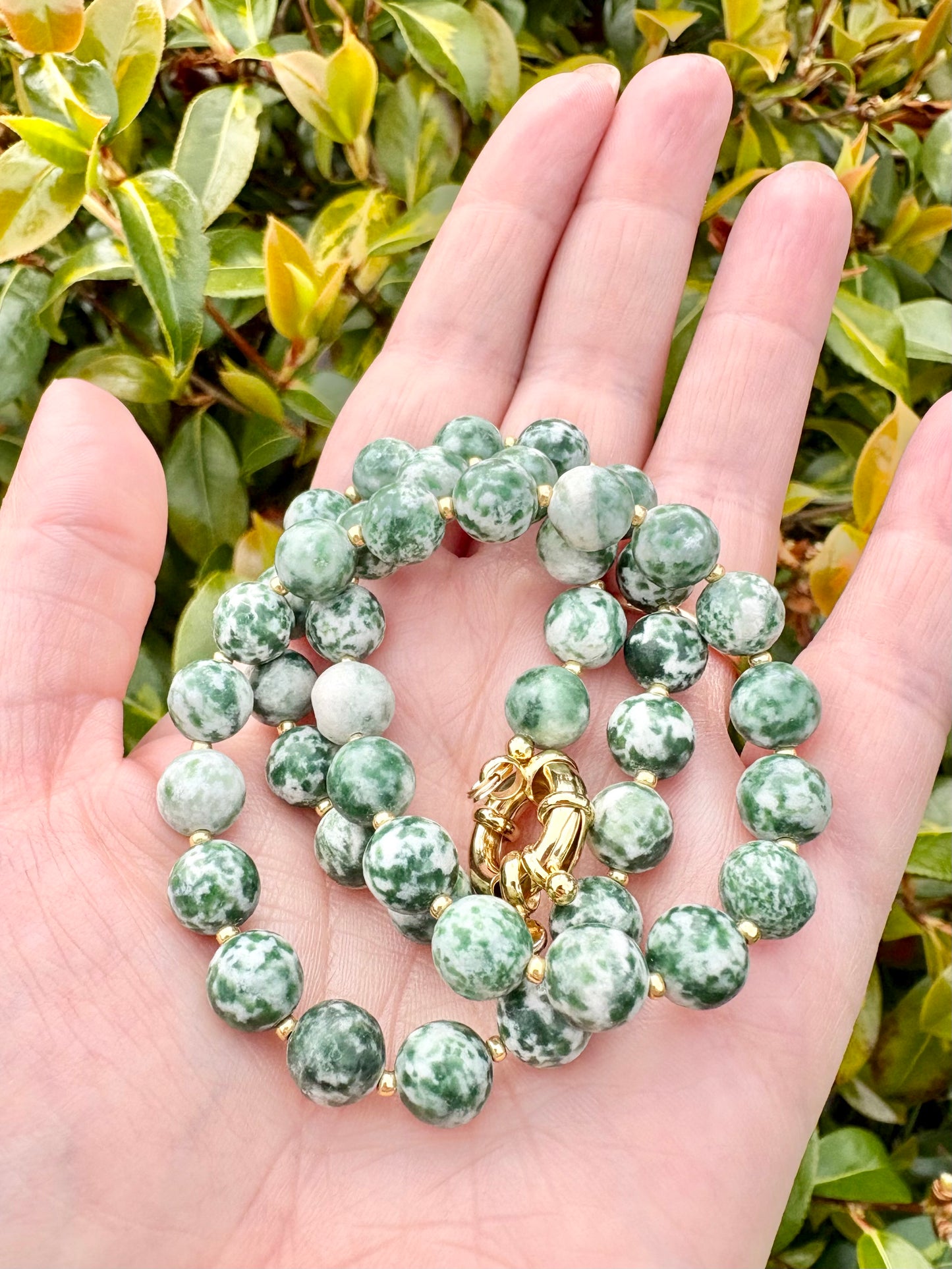 Green & White Camouflage Jasper Gemstone Necklace, Spring Clasp