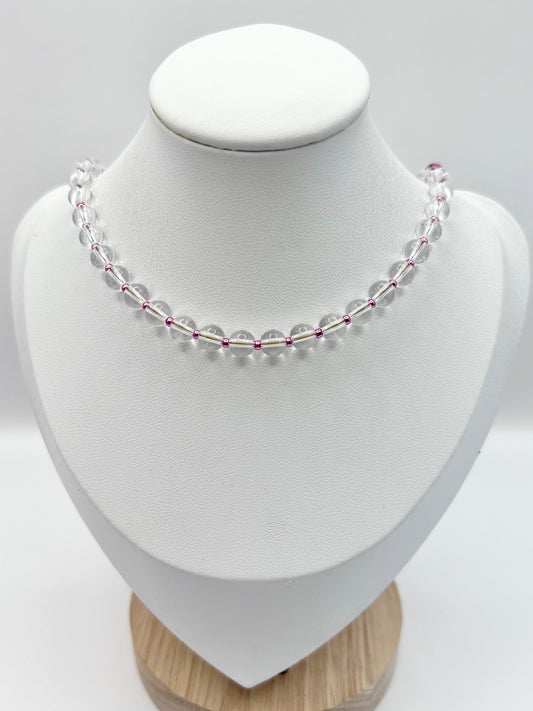 Clear glass and pink seed beaded necklace - SALE