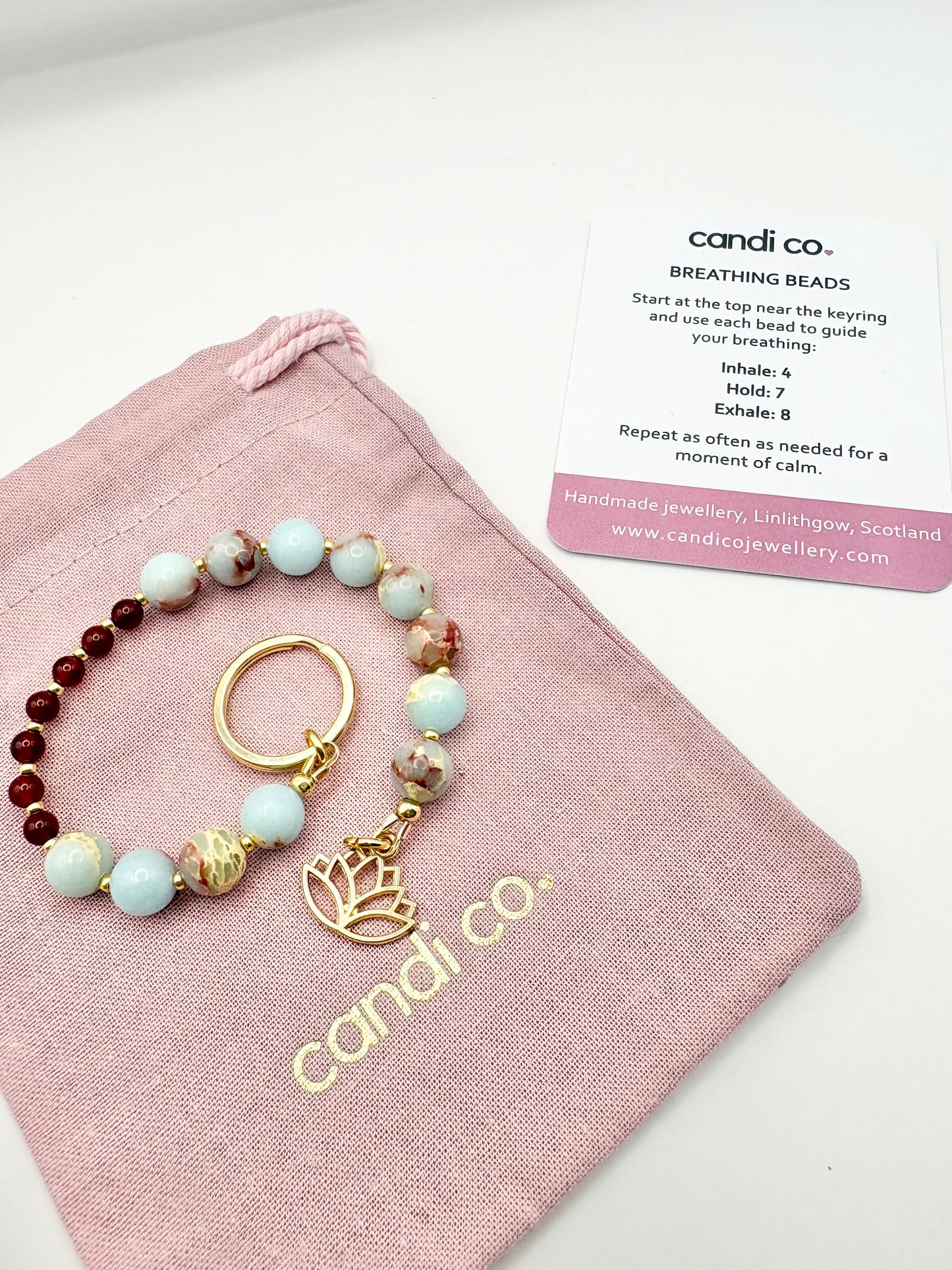 Breathing Beads Keyring - Aqua Terra Jasper With Carnelian