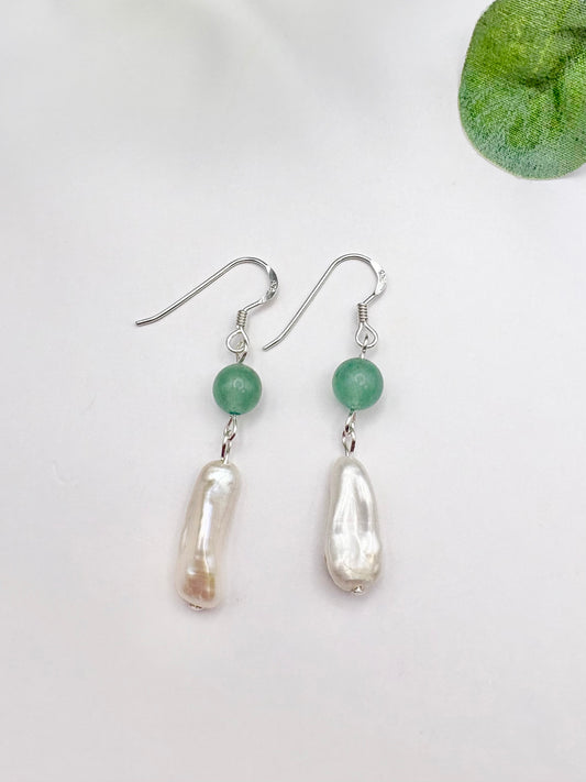 Freshwater Pearl and Green Aventurine Earrings – Sterling Silver