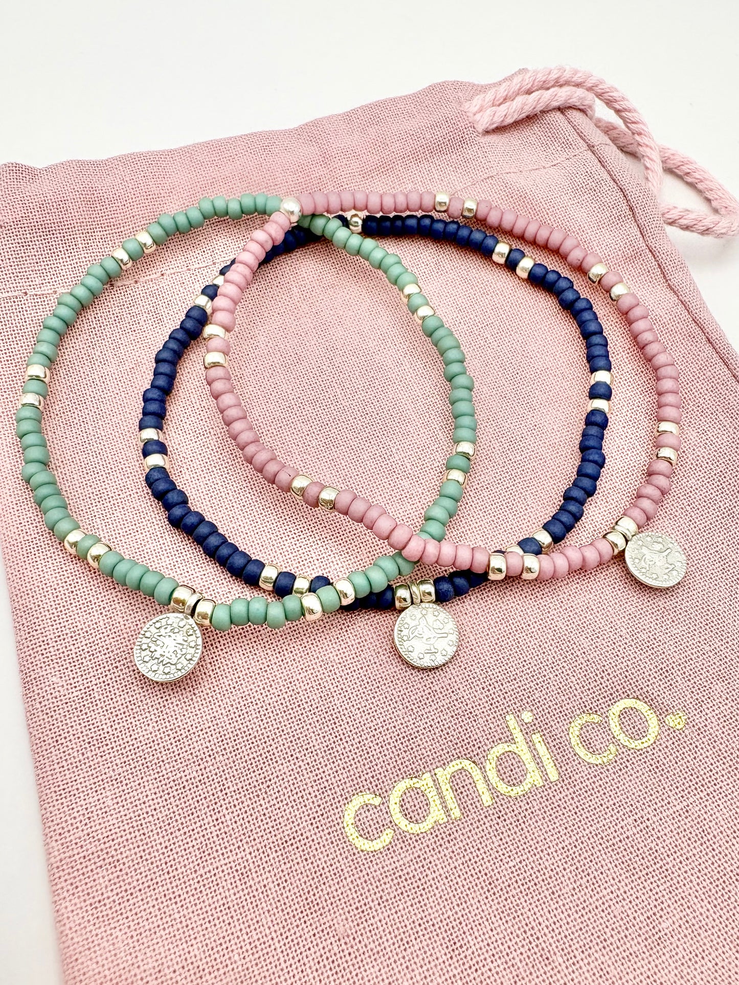 Boho Coin Seed Bead Bracelet - Navy, Pink, Sage
