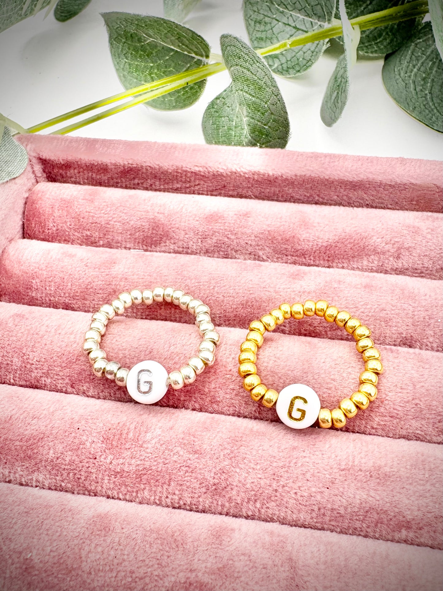 Seed Beaded Stretch Ring with Initial - Gold or Silver