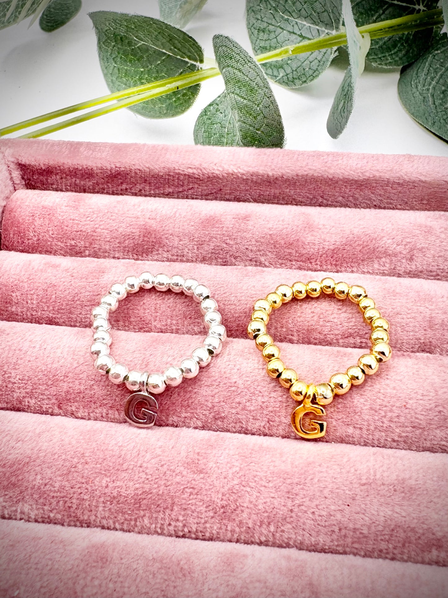 Beaded Stretch Ring with Initial - Gold or Silver-Plated