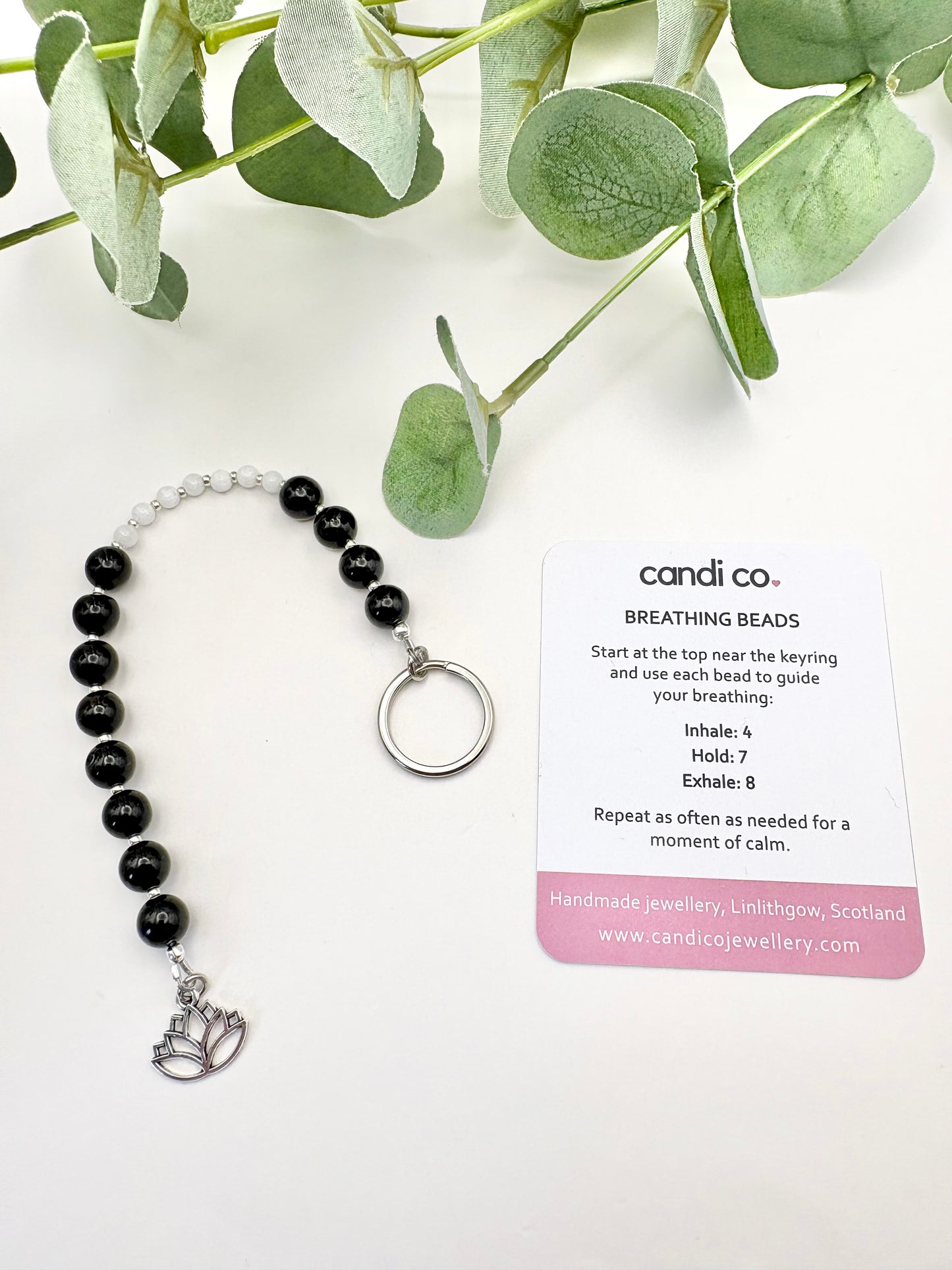 Breathing Beads Keyring - Black Onyx with White Malaysian Jade