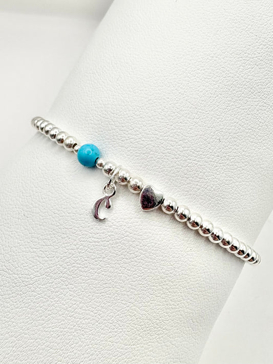 Initial, Birthstone and Charm Beaded Bracelet - Sterling Silver