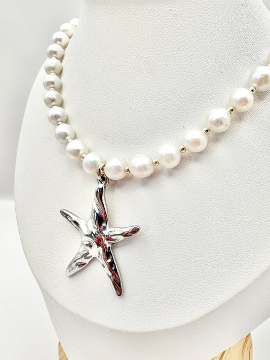 Starfish Charm Freshwater Pearl Necklace - Gold or Silver