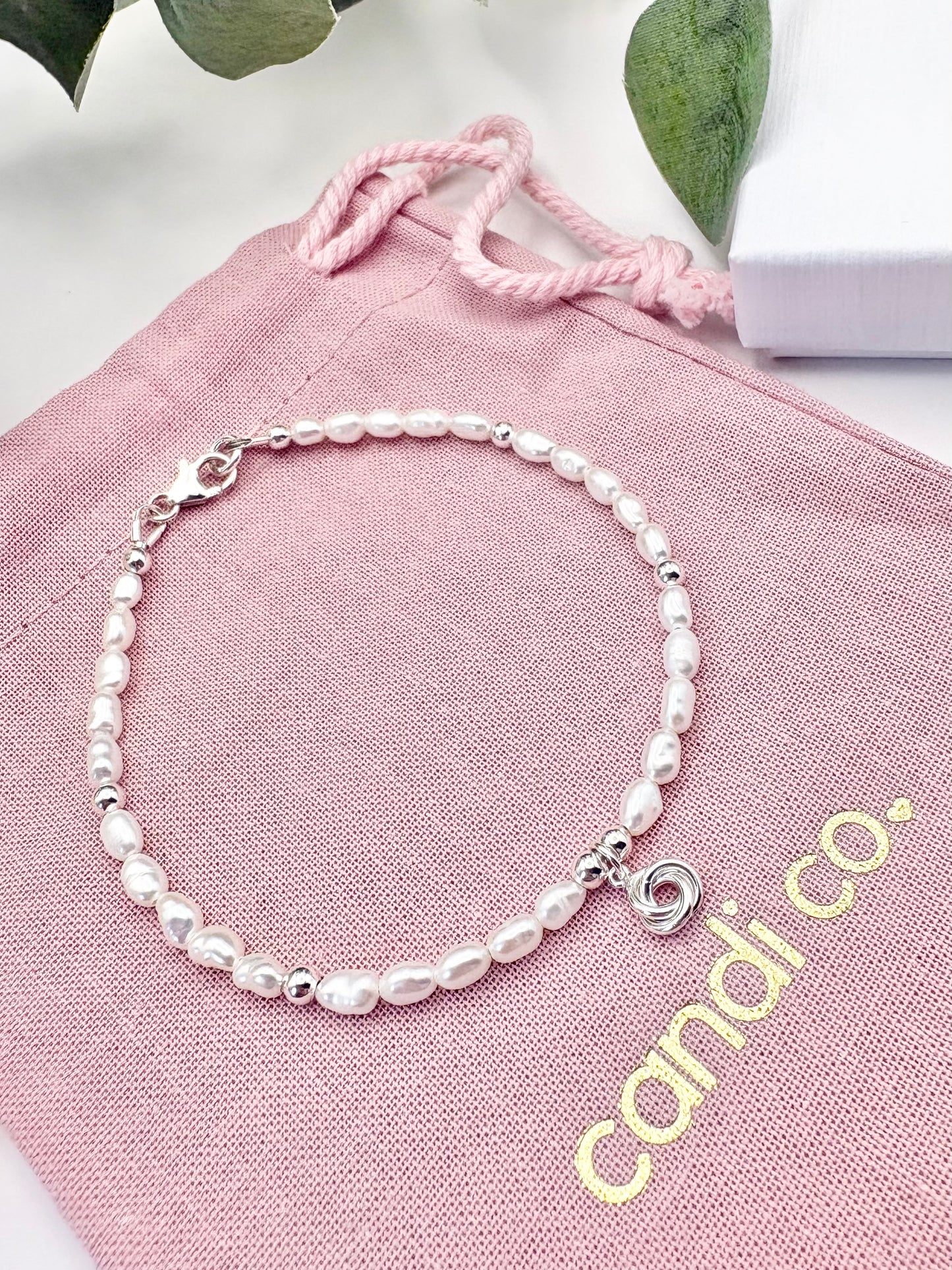 Freshwater Pearl Bracelet with Knot Charm - Sterling Silver