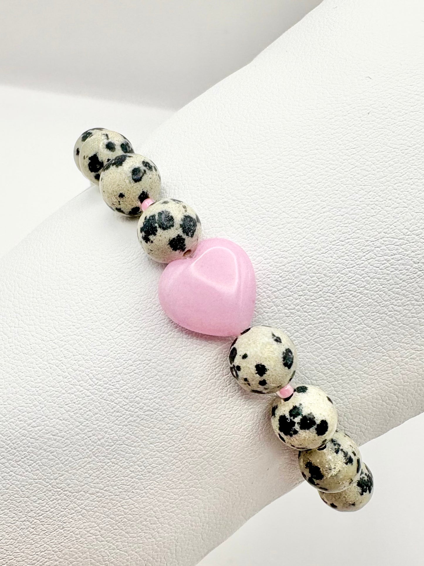 Dalmatian Jasper & Pink Heart Bracelet