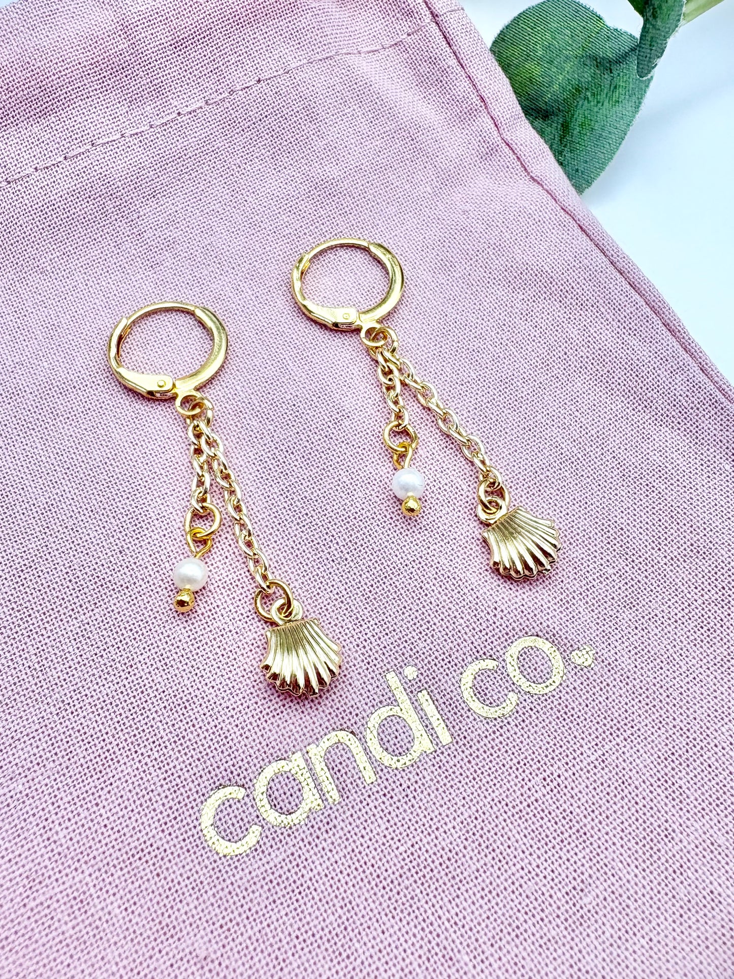 Seashell & Freshwater Pearl Drop Huggie Earrings - Gold-Plated