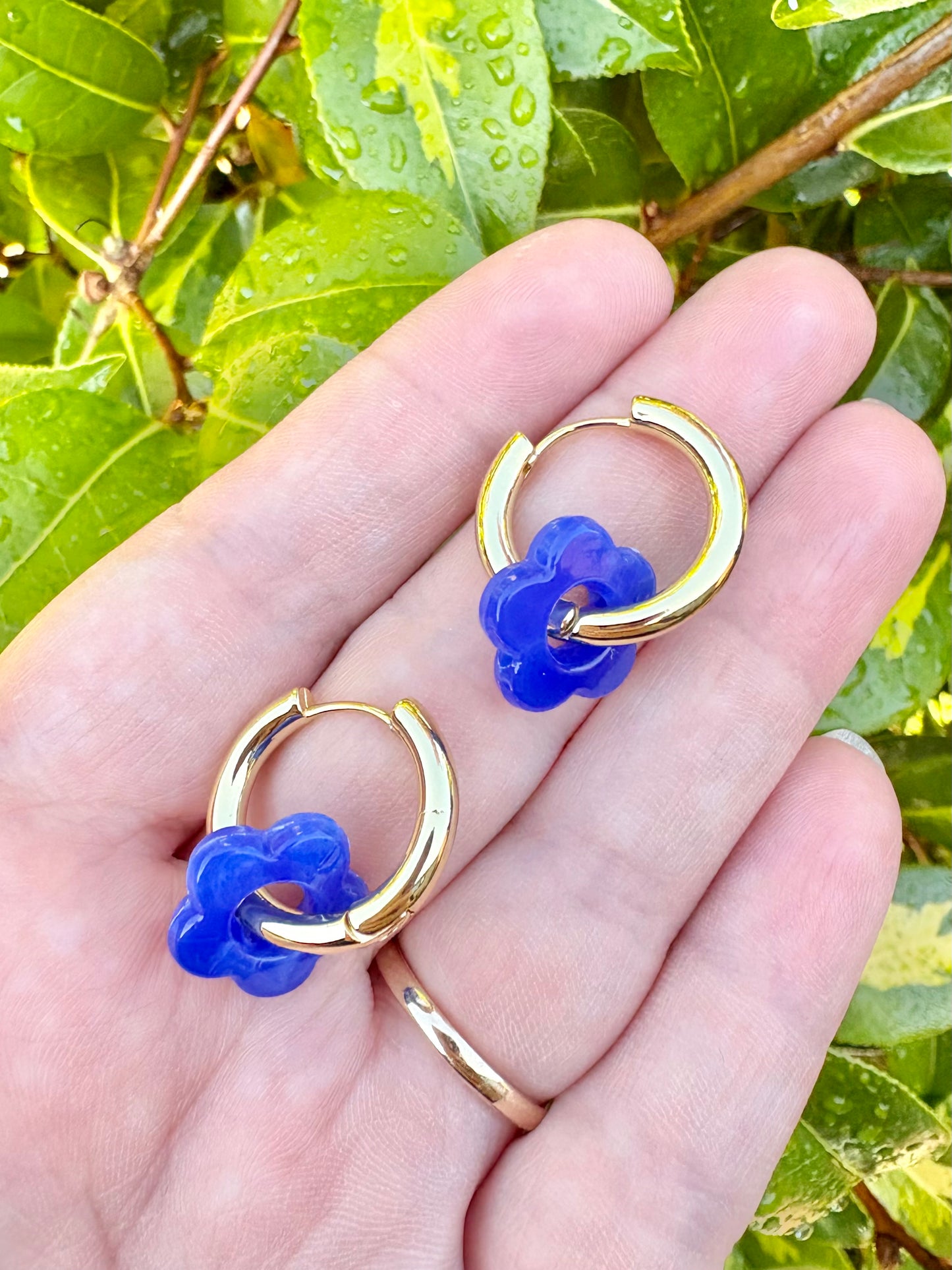 Blue & Gold Flower Charm Hoop Earrings SALE