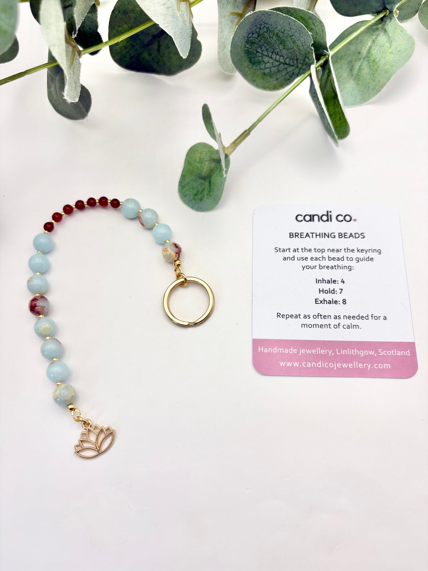 Breathing Beads Keyring - Aqua Terra Jasper With Carnelian