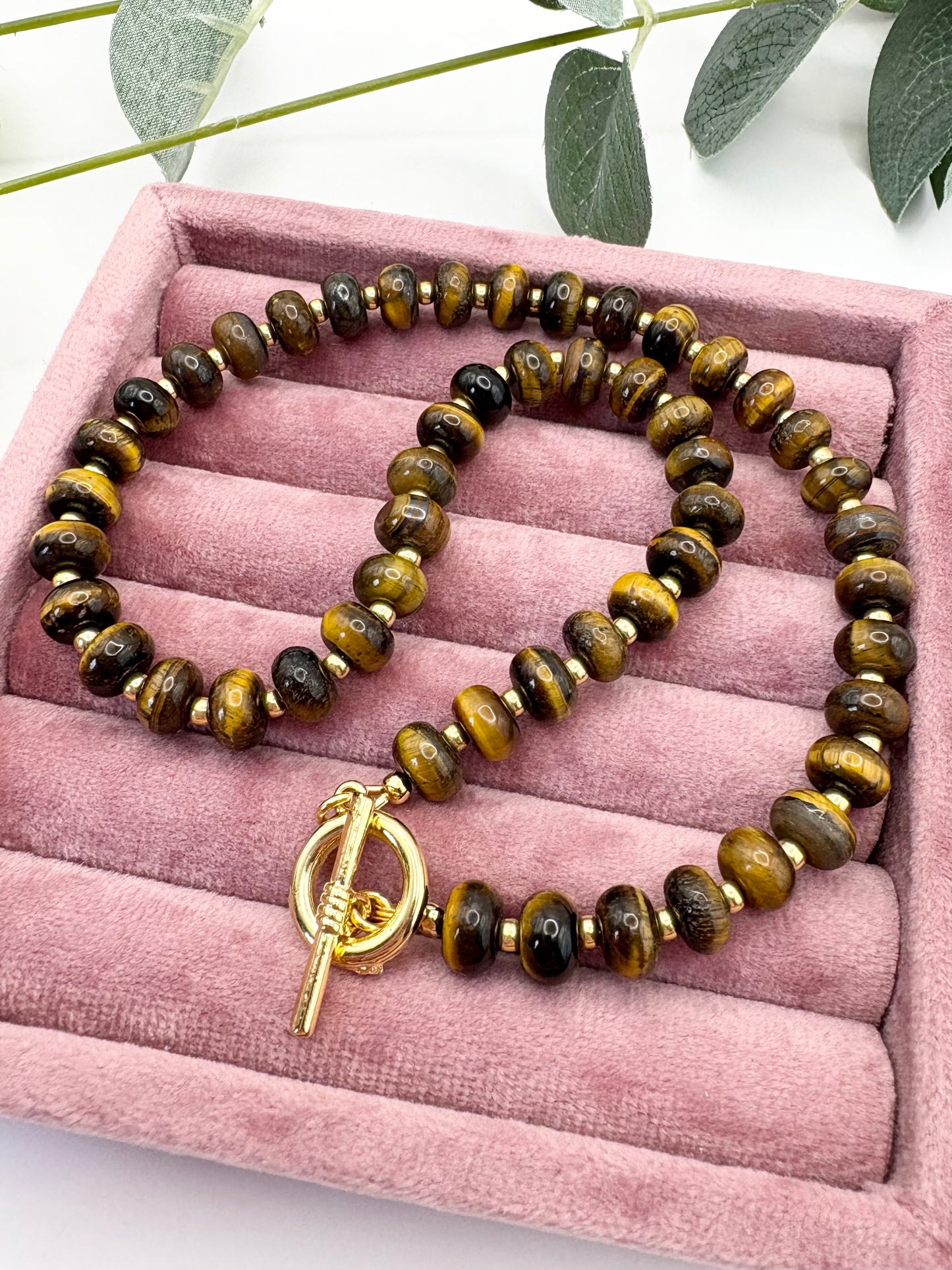 Tiger's Eye Rondelle Beaded Gemstone Necklace With Toggle Clasp - Gold-Plated