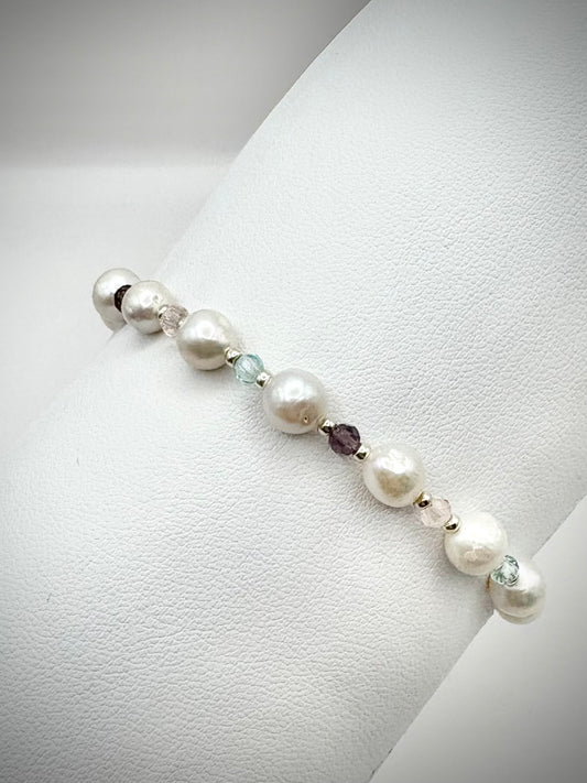 Freshwater Pearl & Crystal Beaded Bracelet - 925 Sterling Silver Clasp or Stretch