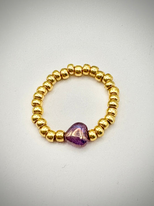 Gold 3mm Seed Beaded Stretch Ring with Czech Glass Heart Bead - Perfect For Stacking