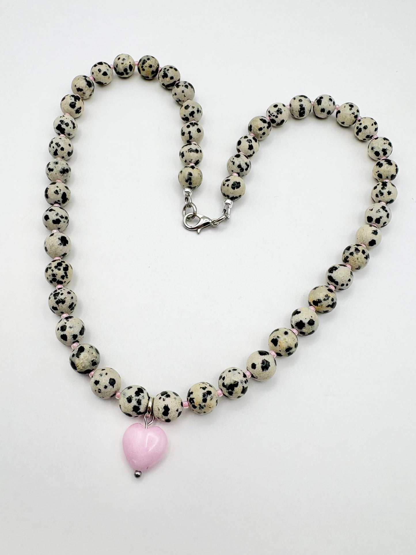 Dalmatian Jasper & Pink Heart Necklace