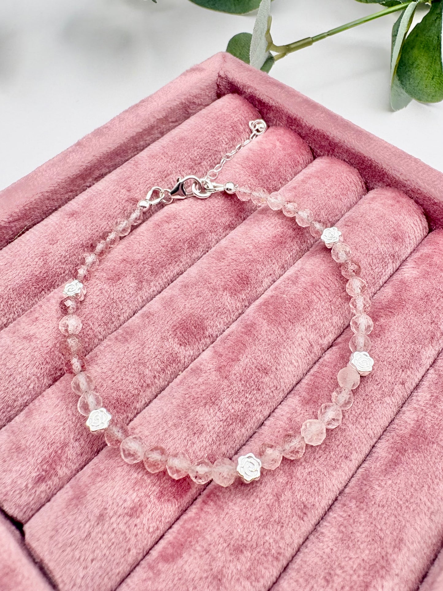 Strawberry Quartz Bracelet with Rose Charms - Sterling Silver
