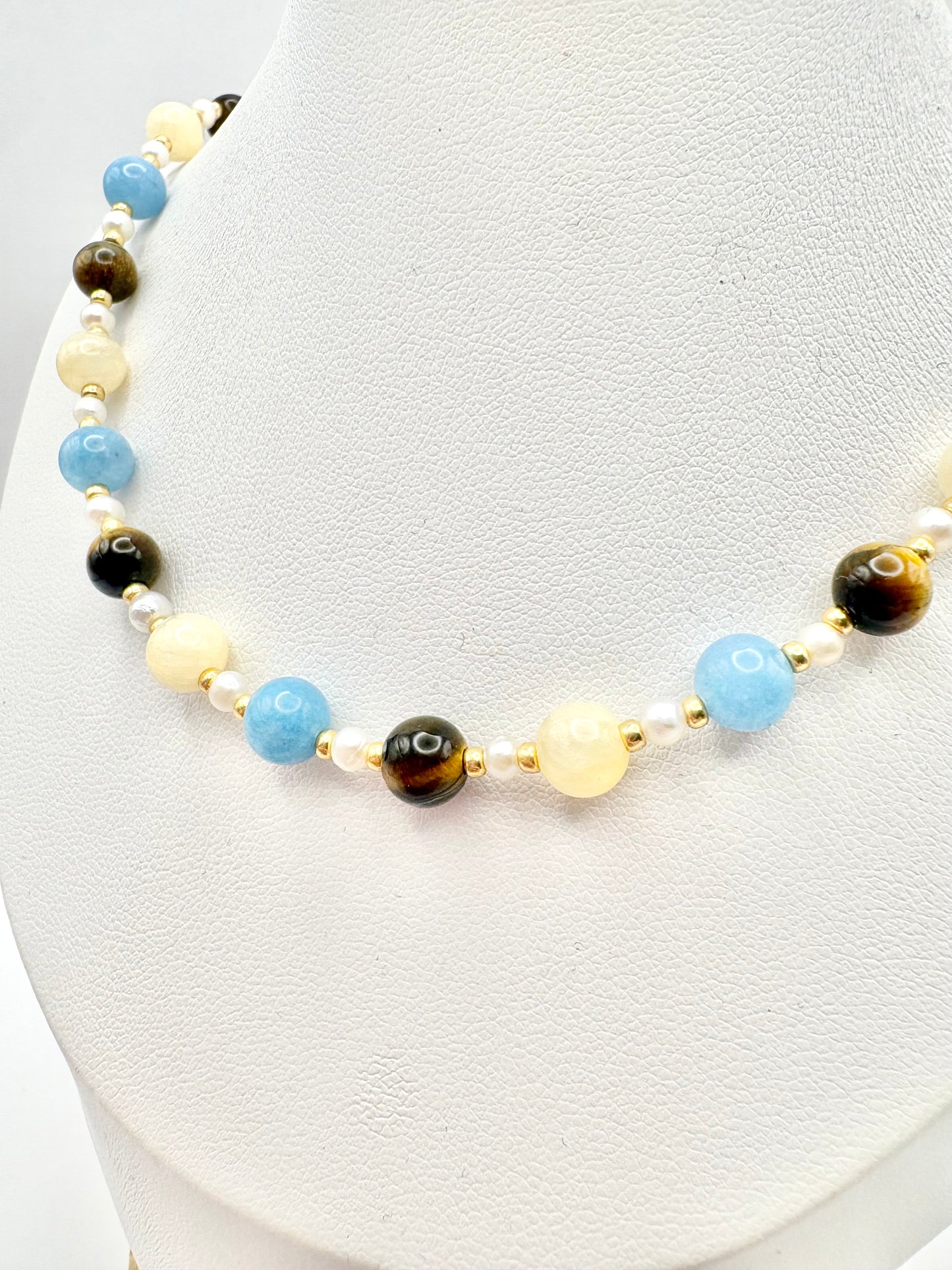 Tigers Eye, Honey Jade, Blue Sponge Quartz & Freshwater Pearl Necklace