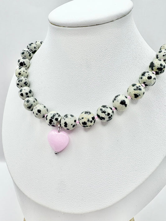 Dalmatian Jasper & Pink Heart Necklace