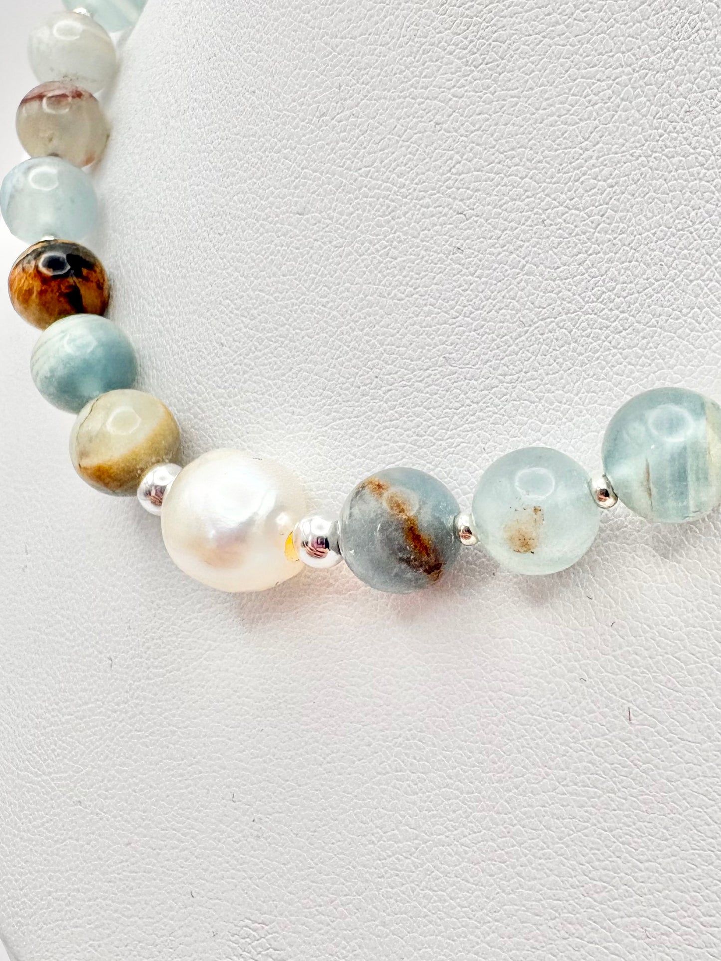Lemurian Aquatine Calcite & Freshwater Pearl Beaded Necklace - Sterling Silver
