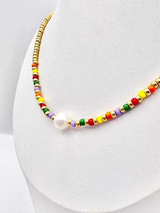Colourful Seed Bead & Freshwater Pearl Necklace - Gold