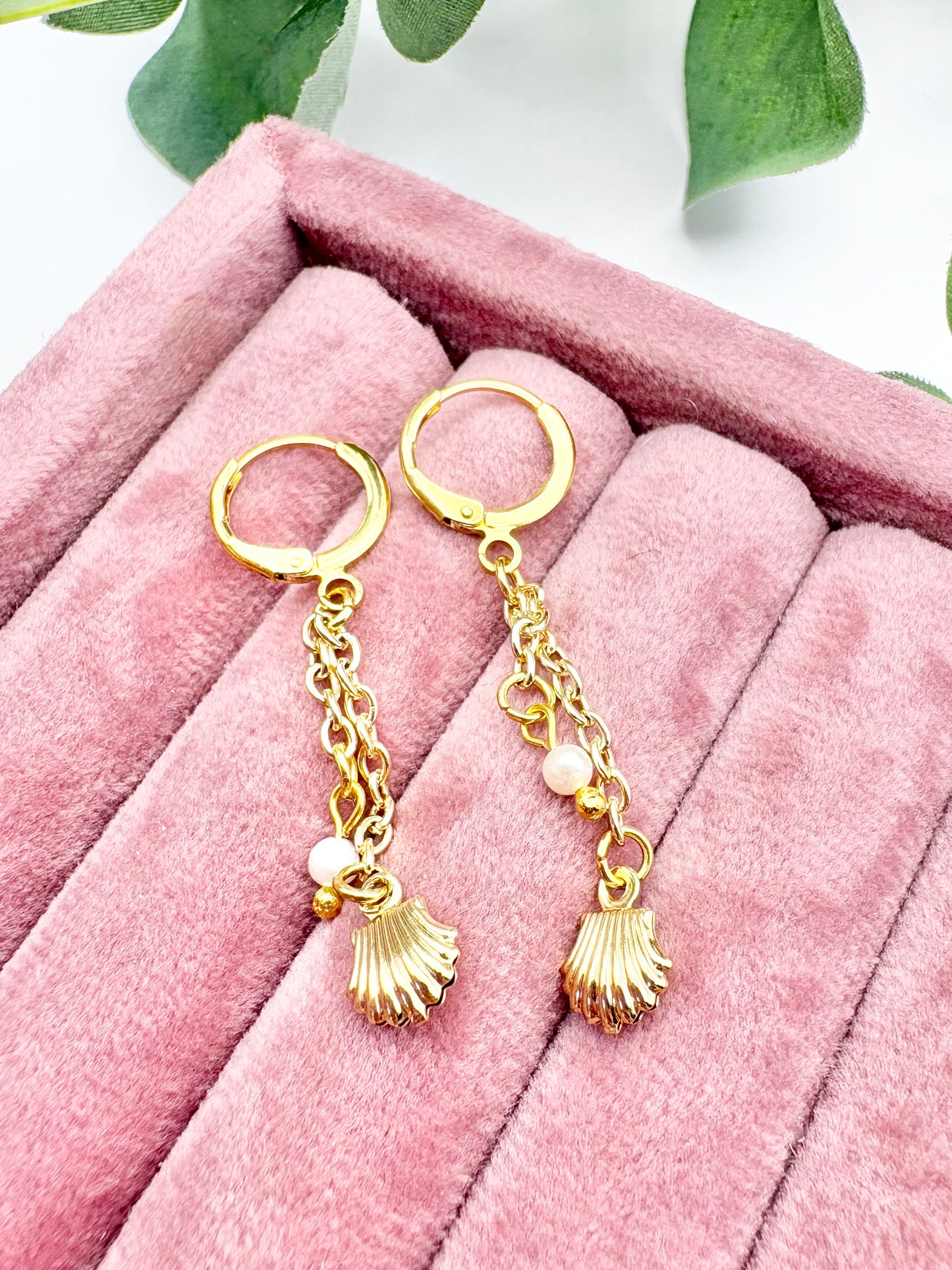 Seashell & Freshwater Pearl Drop Huggie Earrings - Gold-Plated