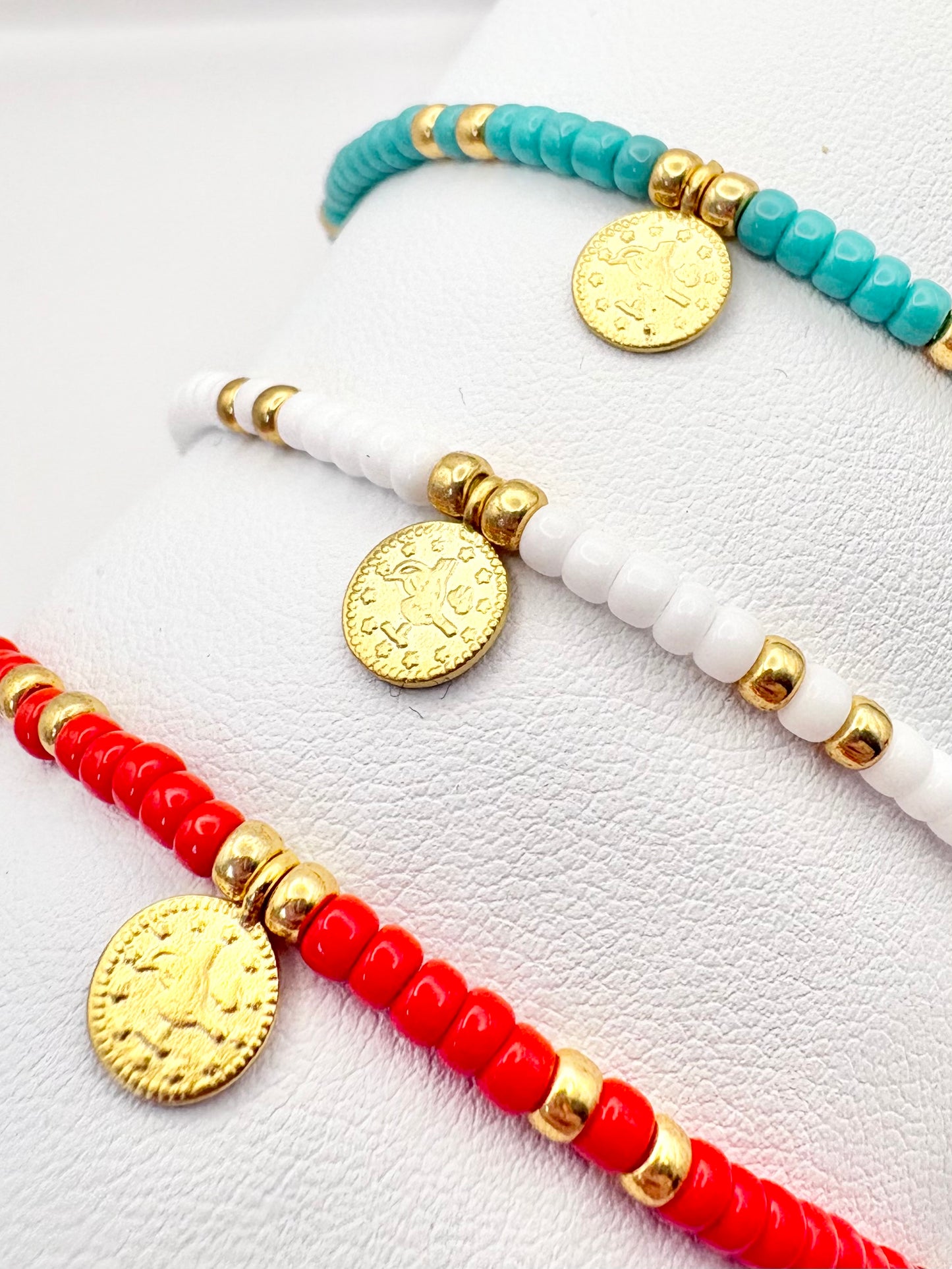 Boho Coin Seed Bead Bracelet - Red, Turquoise or White