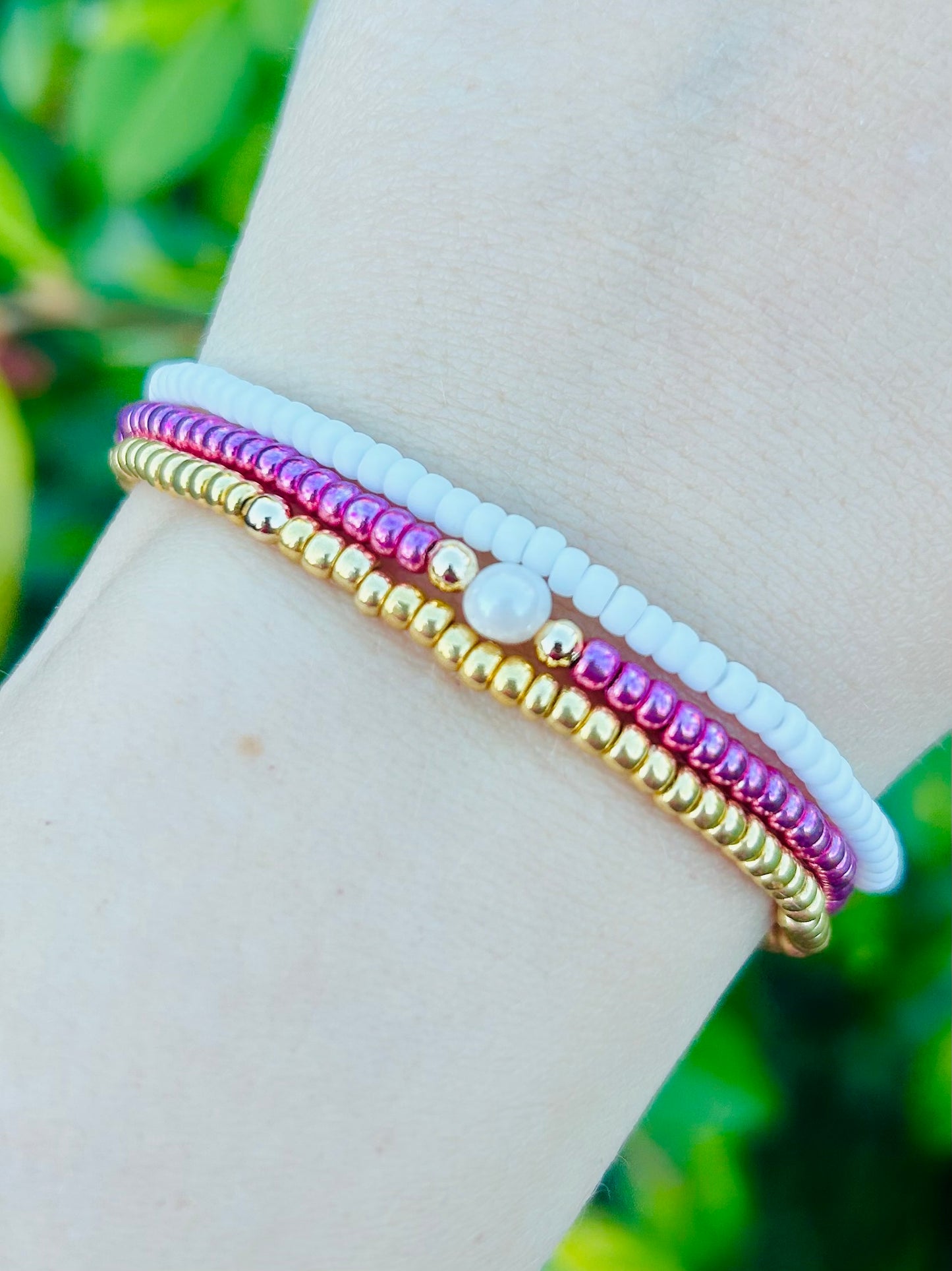 Stacking Vibrant Seed Bead Freshwater Pearl Bracelet Trio - Various Colours