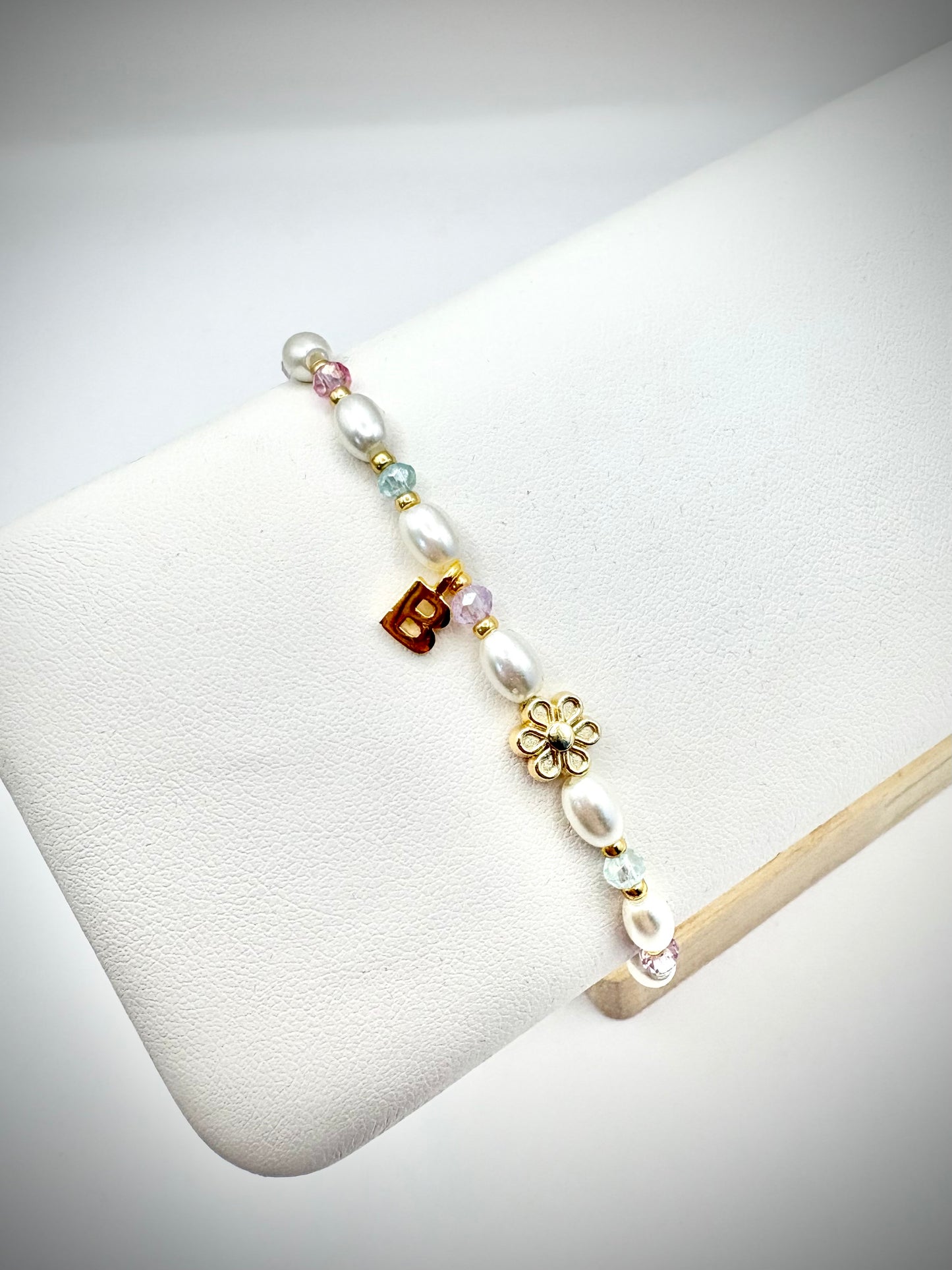 Personalised Glass Pearl & Crystal Flower Girl Bracelet Kids - Gold