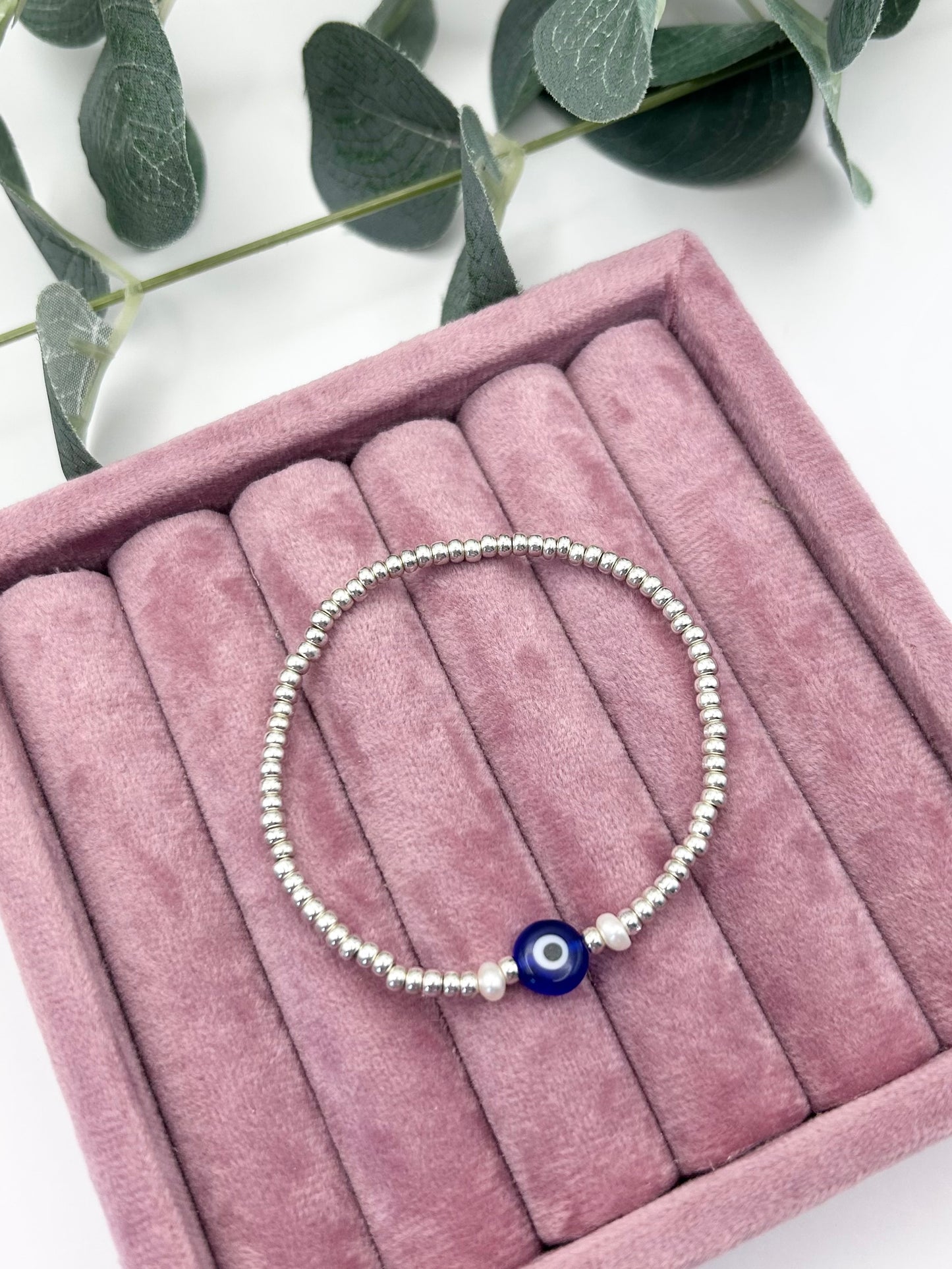 Seed Bead Evil Eye Freshwater Pearl Bracelet Gold or Silver-Plated