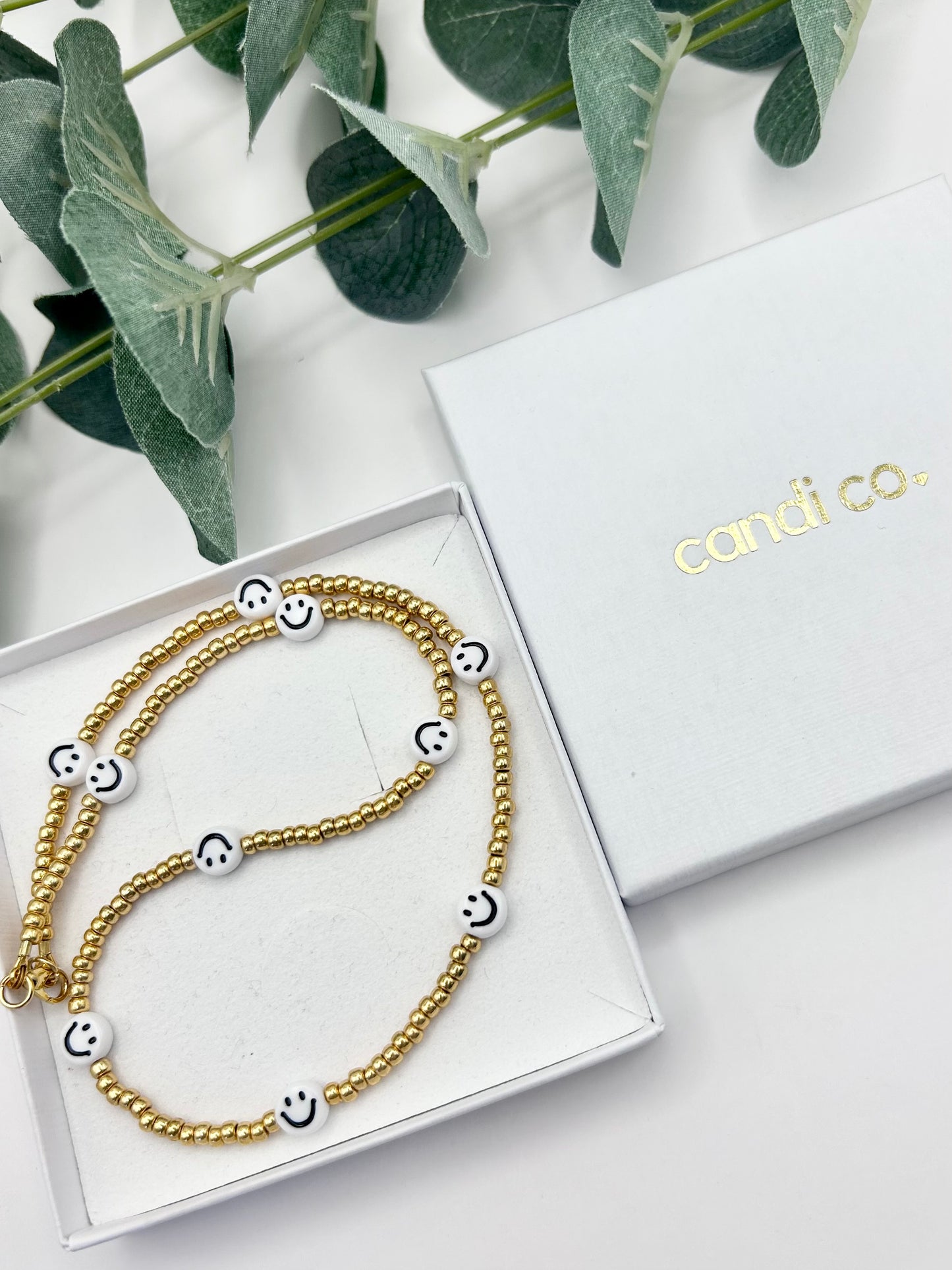 Smiley Face Seed Bead Necklace Silver or Gold-Plated