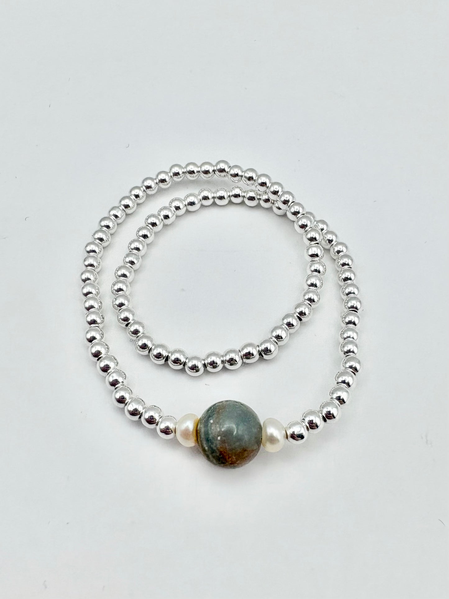 Sterling Silver Beaded Anklet with Lemurian Aquatine Calcite & Freshwater Pearls