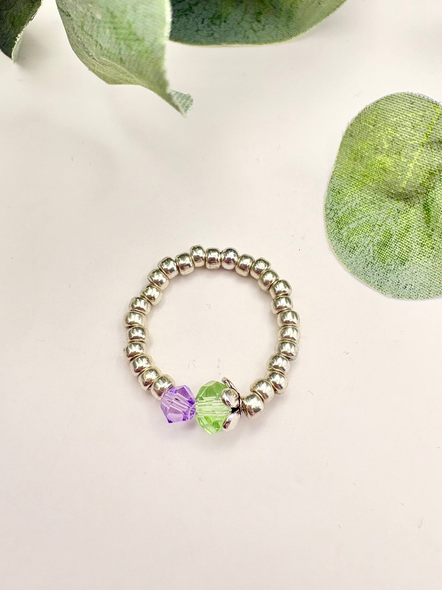 Thistle Seed Beaded Stretch Ring - Silver