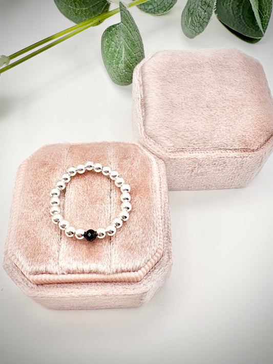 Luxe 925 Sterling Silver 3mm Beaded Stretch Ring With Black Tourmaline - Perfect For Stacking