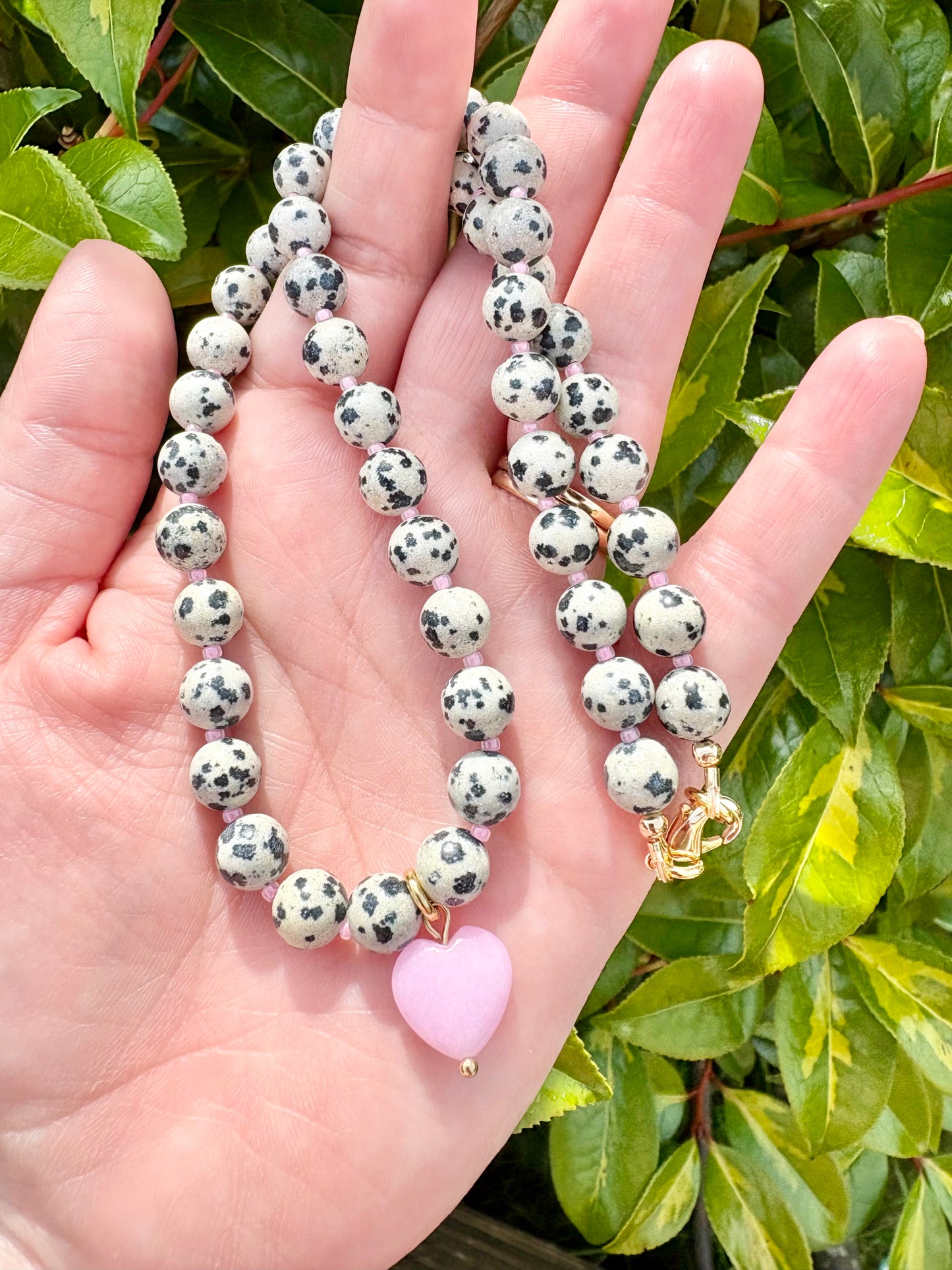 Dalmatian Jasper & Pink Heart Bracelet
