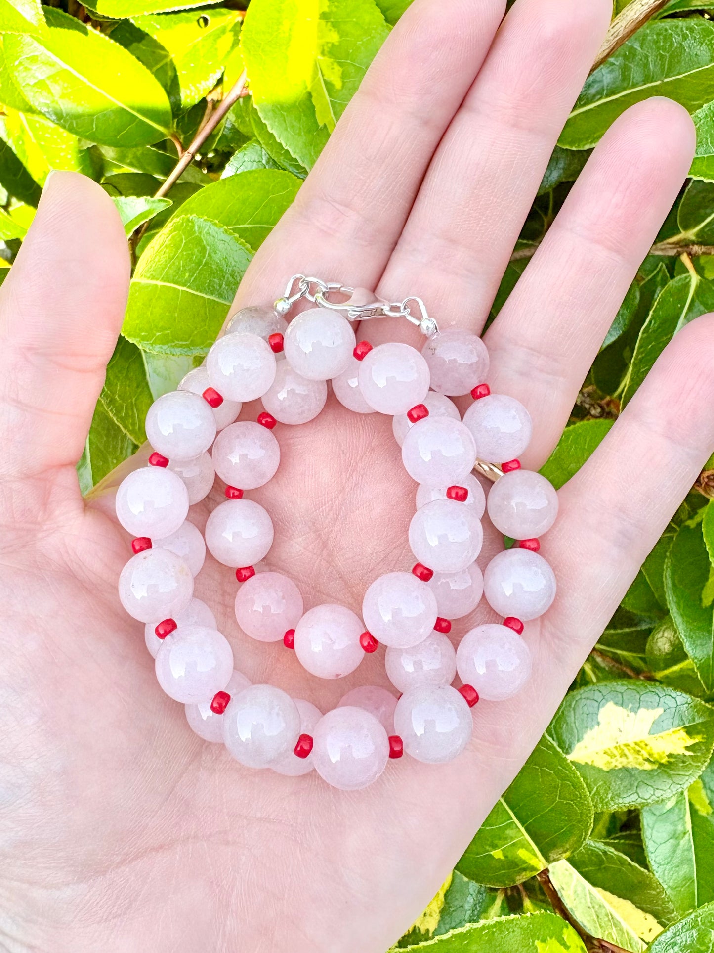 Pink Mountain Jade and Sterling Silver Beaded Necklace