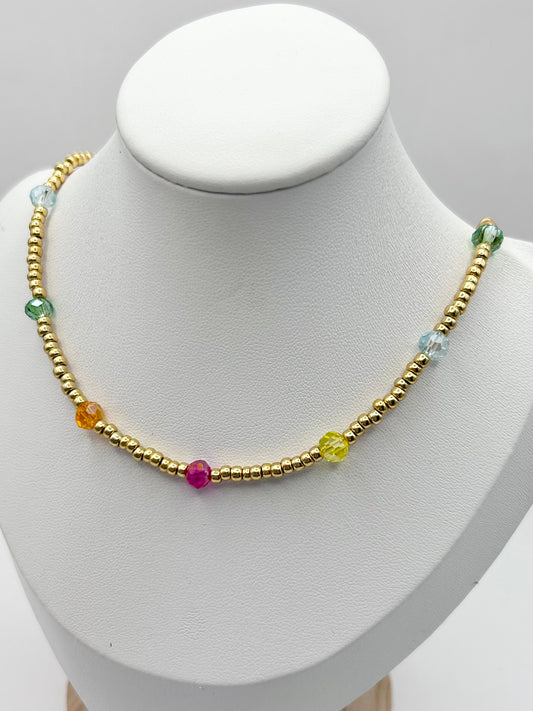 Dainty Rainbow Crystal Seed Bead Necklace Gold-Plated