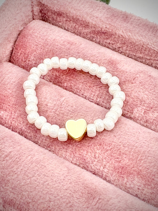 Pearl 3mm Seed Beaded Stretch Ring with Gold-Plated Heart Bead - Perfect For Stacking
