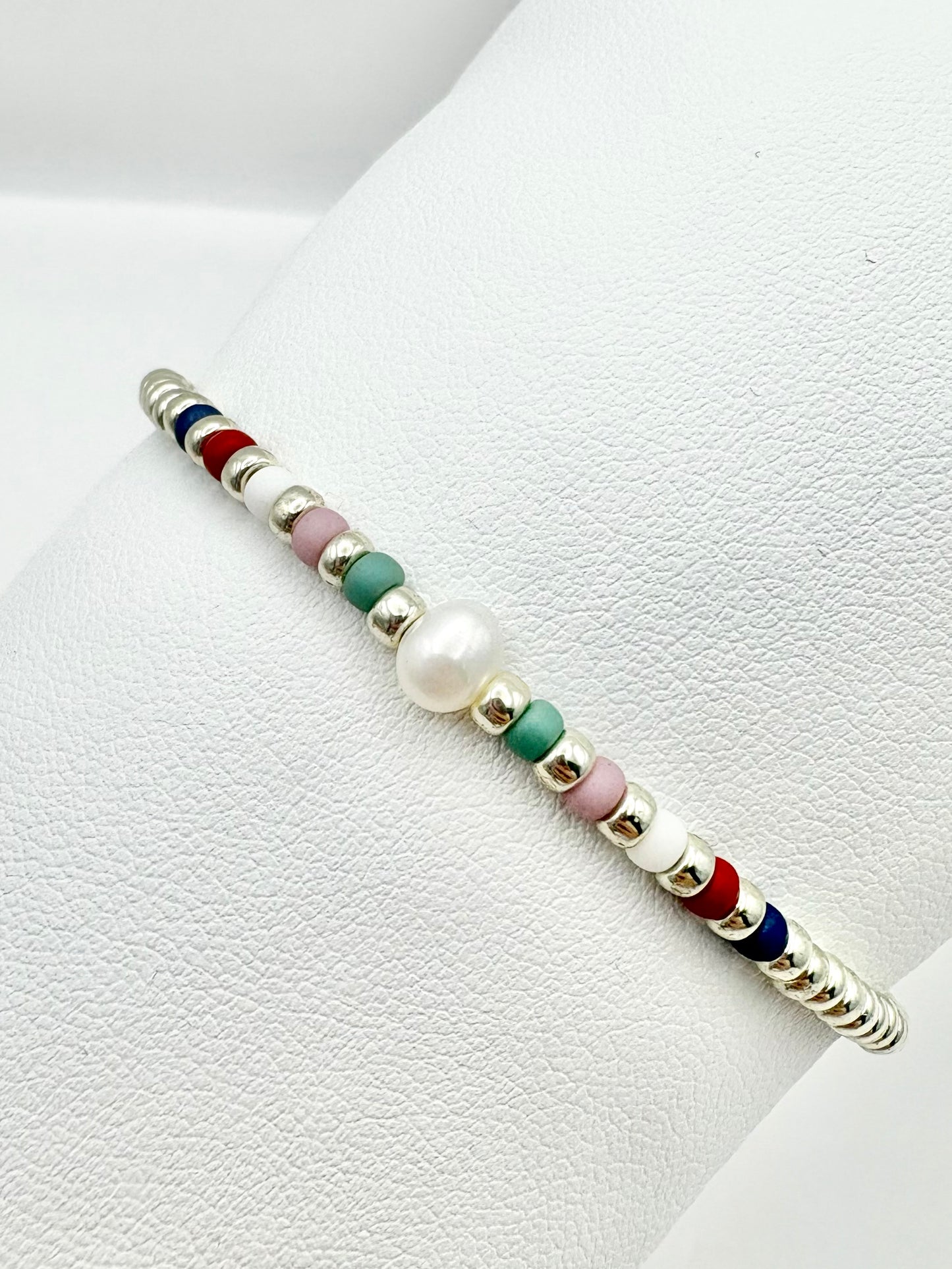 Colourful Seed Bead & Freshwater Pearl Bracelet - Silver