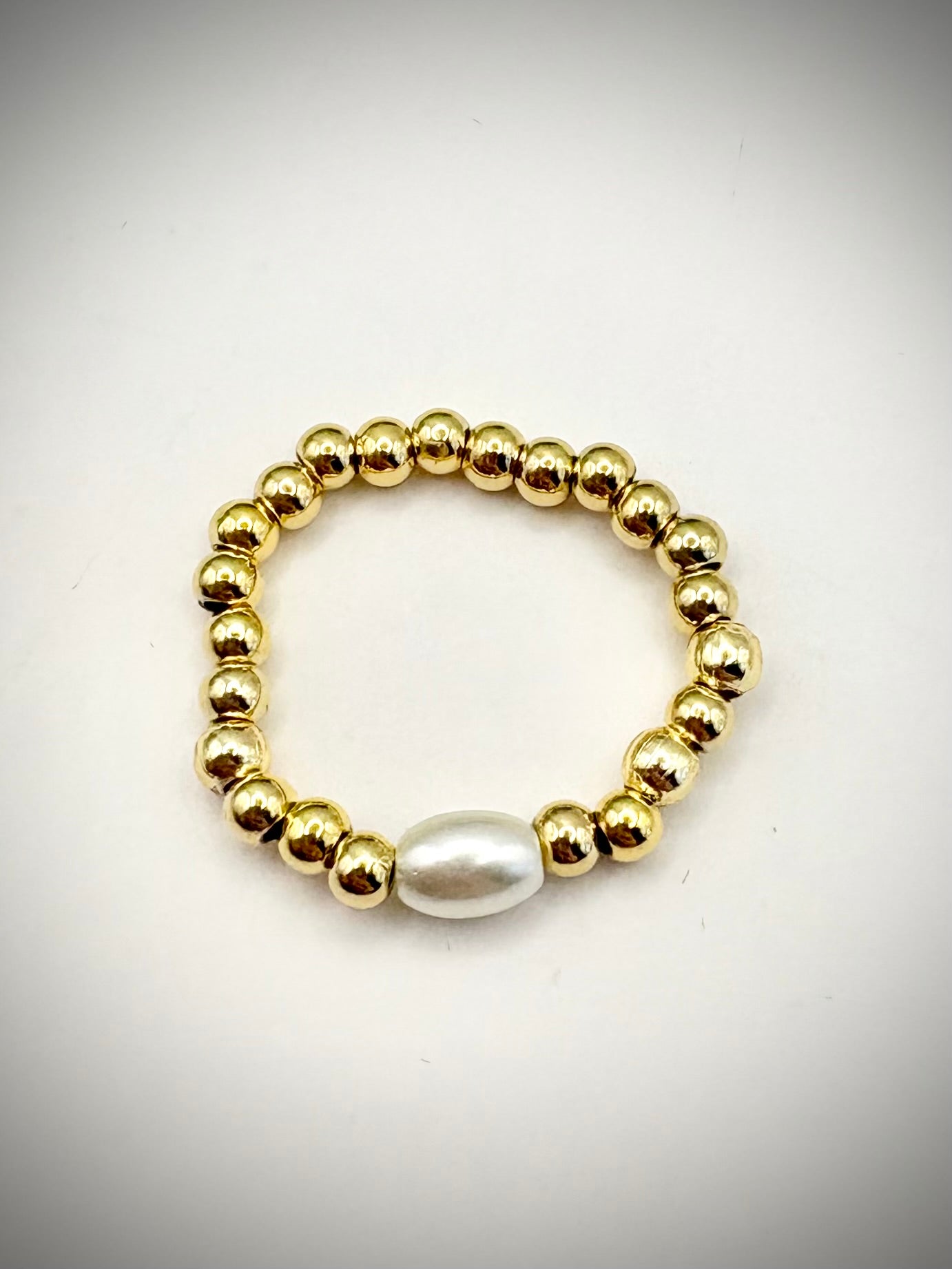 Beaded Stretch Ring with Glass Pearl - Gold or Silver-Plated