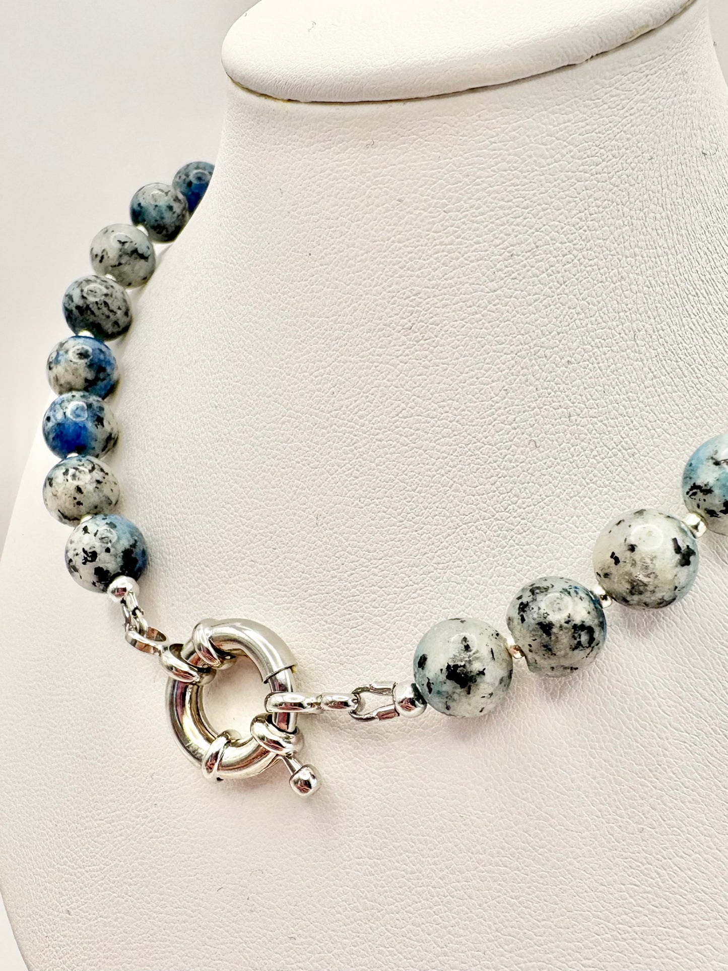 Grey and Blue K2 Raindrop Azurite Gemstone Necklace, Spring Clasp